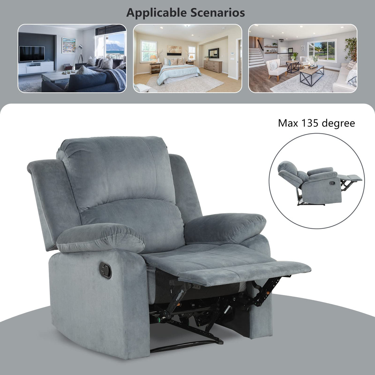 CANMOV Manual Recliner Chair, Soft Fabric Overstuffed Recliner Single Sofa Chair for Living Room, Heavy Duty and Safety Reclining Mechanism (Blue Grey) CANMOV