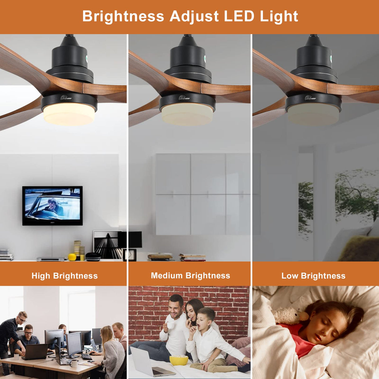 Sofucor 52" Ceiling Fan with Lights Remote Control, 3 Poles for Indoor Outdoor Ceiling Fan with Remote, Reversible Noiseless ETL Motor, 3 Walnut Wooden Blades Sofucor