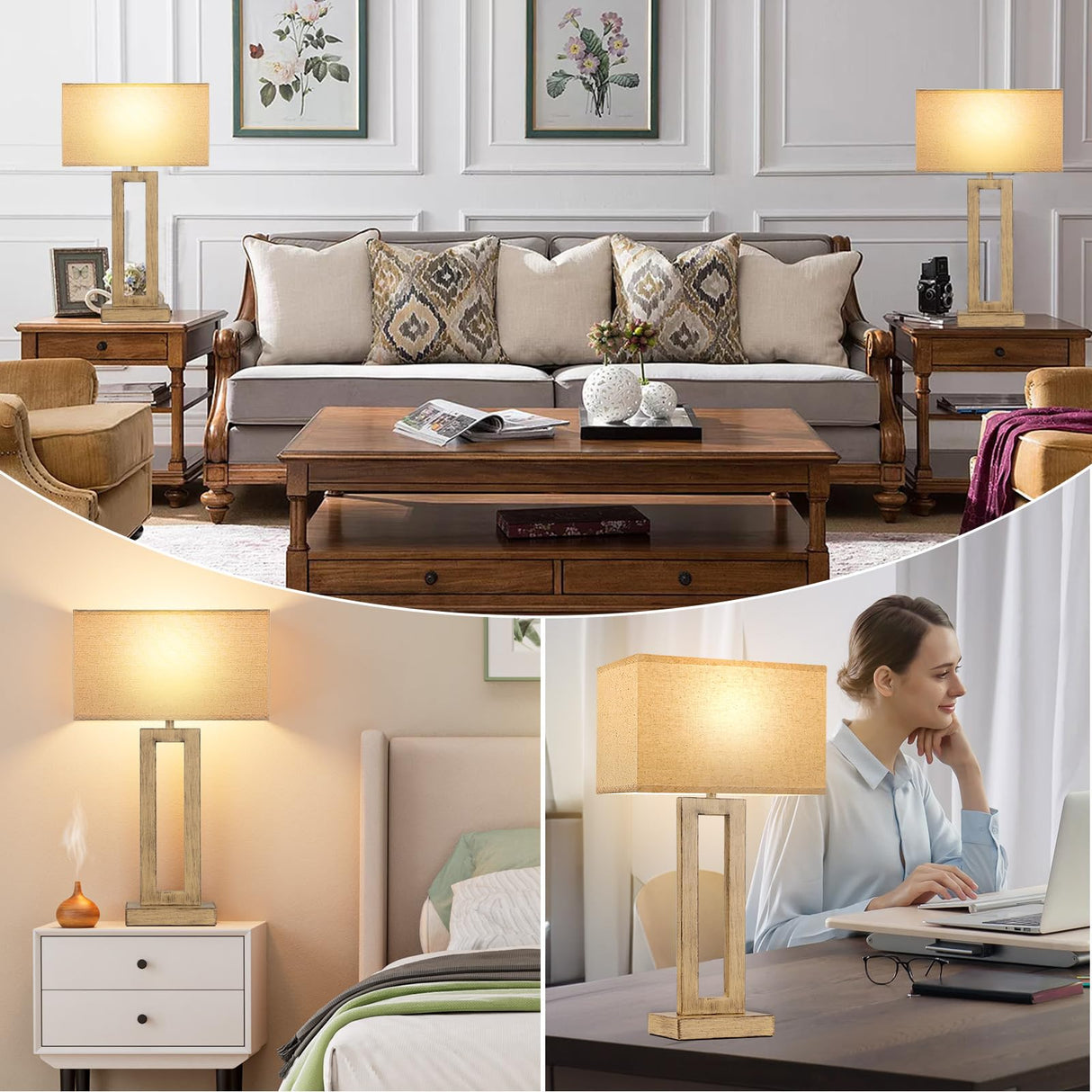 22" Tall Living Room Lamps for Night Stands - Touch Bedside Lamp with USB C+A, 3 Way Dimmable Bedroom Lamps for End Tables Set of 2, Modern Night Stand Lamps(Beige&Wood-Like) Seealle