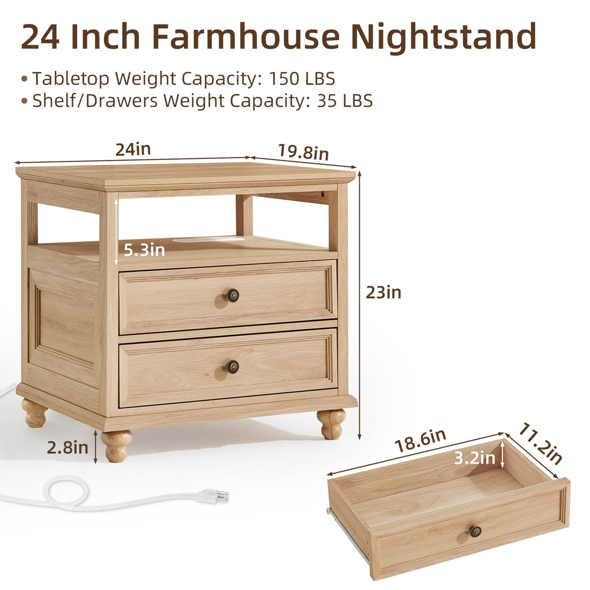 Joaxswe Farmhouse Nightstand with Charging Station, 24" Wide End Table with 2 Drawers, Natural Dresser for Bedroom, Bed Side Table Chest of Drawers Cabinet,Wood Night Stand for Living Room, Closet Joaxswe