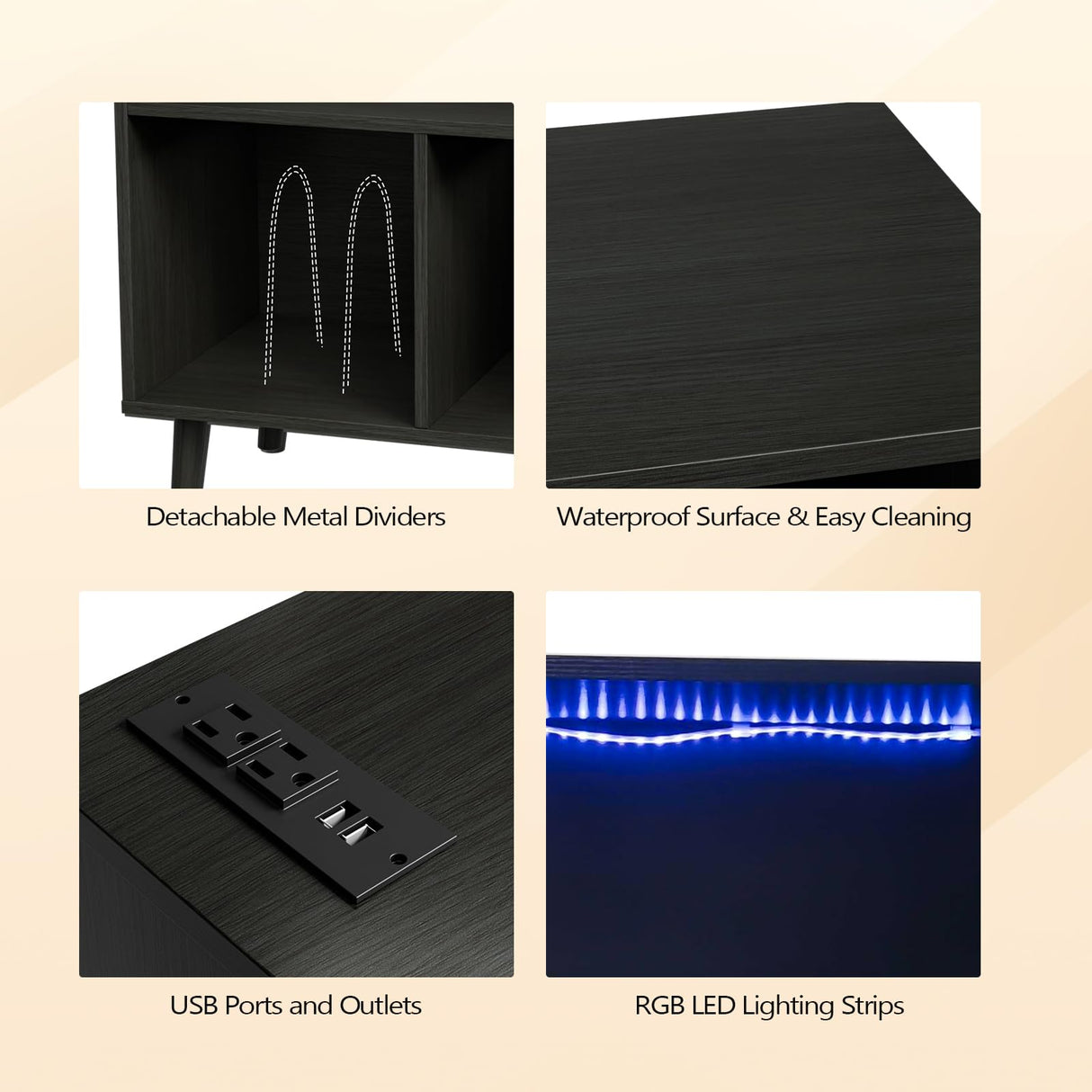 VINGLI Record Player Stand with Open Vinyl Storage, Mid-Century Album Storage Table with LED Light up to 300 Albums, Vinyl Record Player Shelf with Power Outlet for Living Room, Black VINGLI