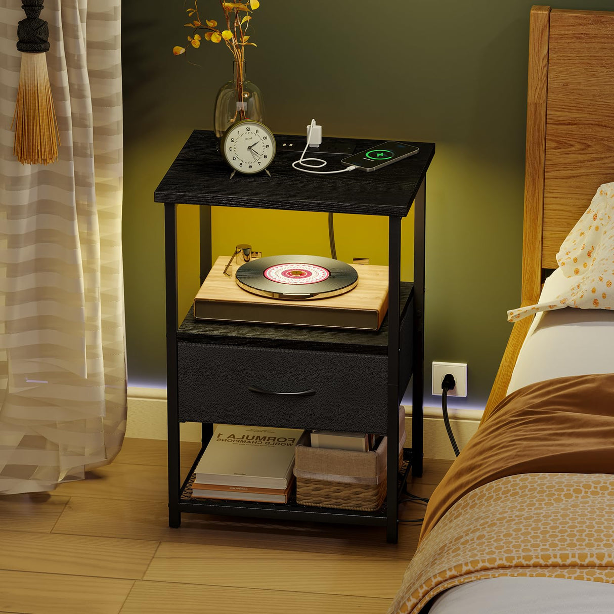 Fixwal Night Stand Set of 2 with Charging Station, LED Nightstand with Fabric Drawers, End Table with PU Finish, Bed Side Table, Black Fixwal