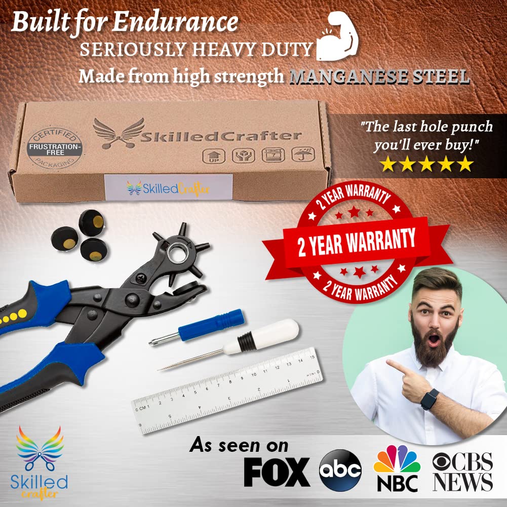 Leather Hole Punch & Belt Hole Puncher Easily Punches Perfect Round Holes. Bonus Ruler & Awl Tool. Leather Craft Tool for Watch or Bag Strap, Fabric, Eyelet - Precision Crafting & Professional Results Skilled Crafter