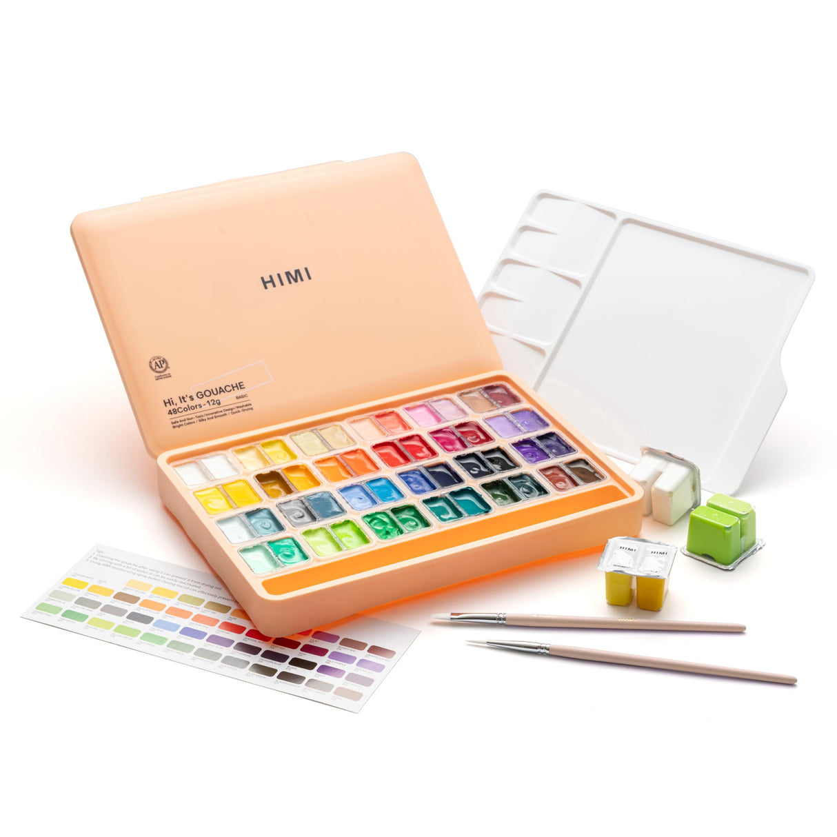 HIMI Twin Cup Jelly Gouache Paint Set with 3 Paint Brushes, 48 Colors 12g, Jelly Cup Design, Non Toxic Paint for Canvas and Paper, Art Supplies for Professionals (Peach Fuzz) HIMI