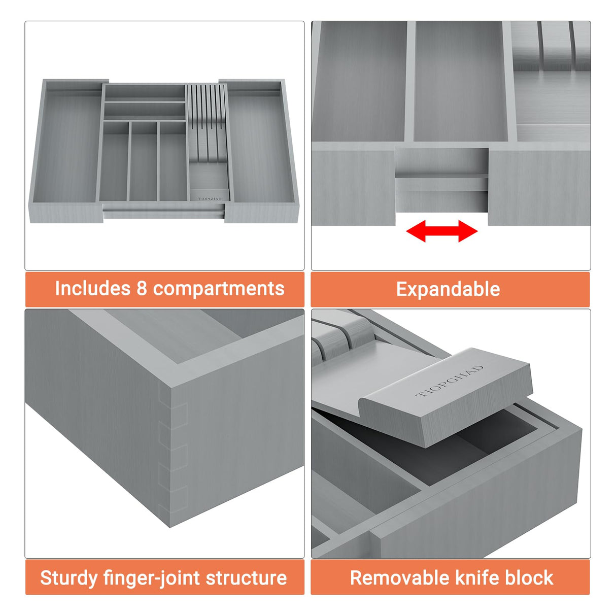 TIOPGHAD Bamboo-Silverware-Drawer-Organizer-Kitchen, Expandable Utensil Holder Cutlery Tray Flatware Organization Adjustable Wood Tableware Dividers Storage (with Removable Knife Block)(Grey) TIOPGHAD