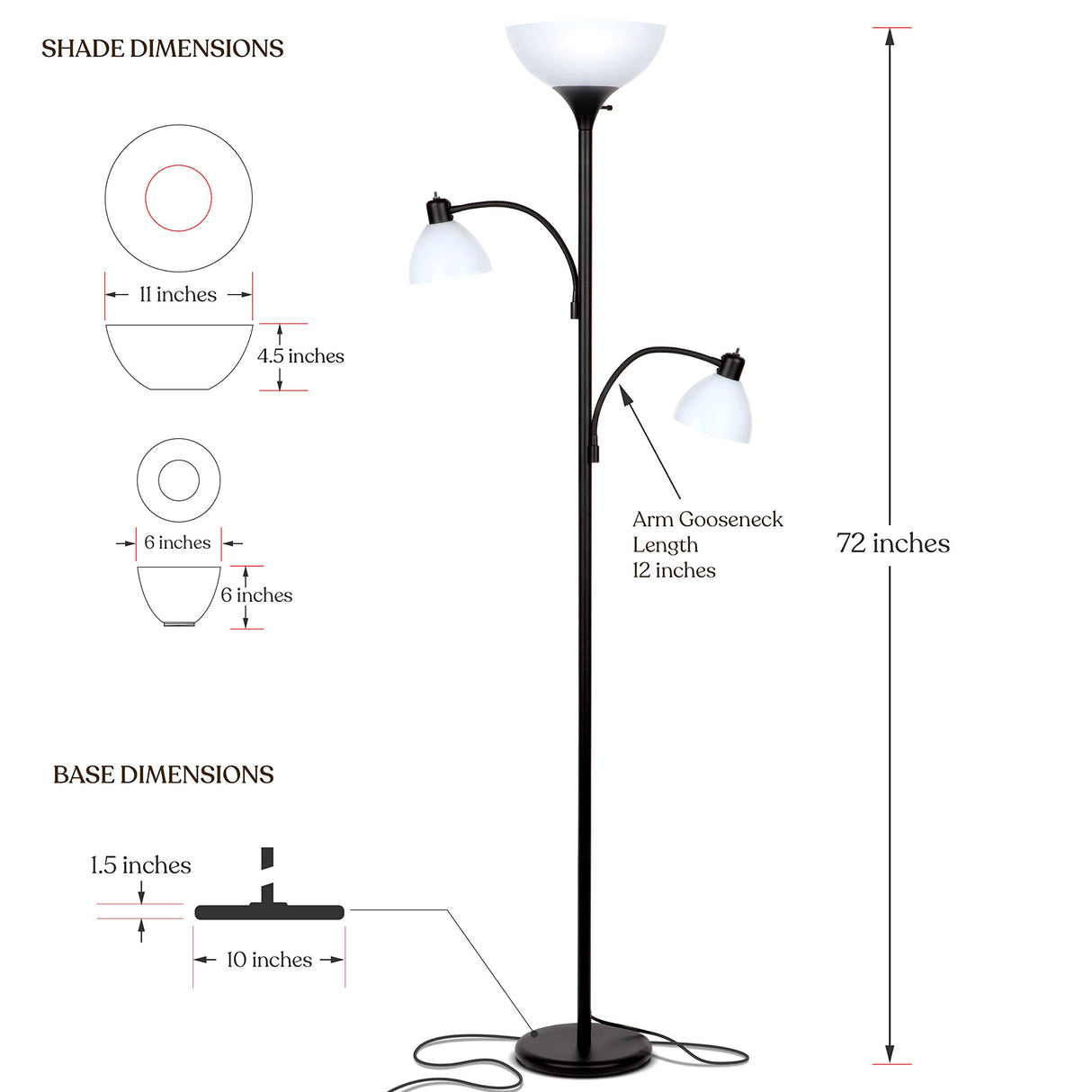 Brightech Sky Dome Double LED Floor lamp, Torchiere Super Bright Floor Lamp with 2 Reading Lamps for Living Rooms & Offices - Dimmable Tall Standing Lamp for Bedroom Reading - Tall Black Pole Brightech