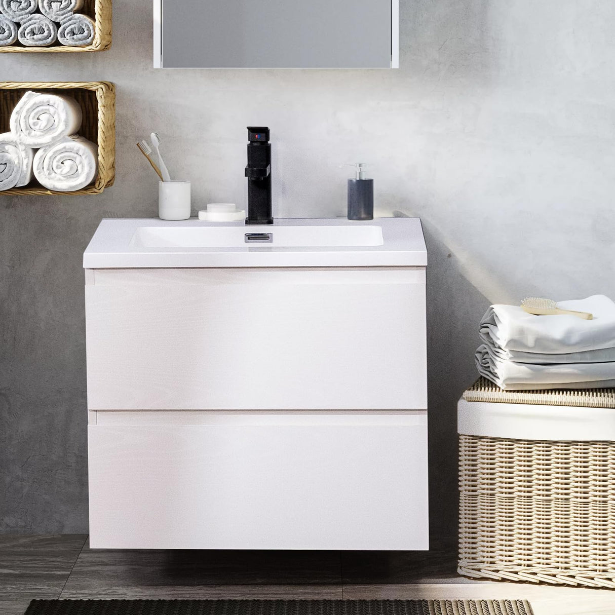 KSWIN 24" White Wall Mounted Bathroom Vanity with Sink Floating Vanity Two Drawers Bathroom Cabinet with White Ceramic Integrated Sink KSWIN