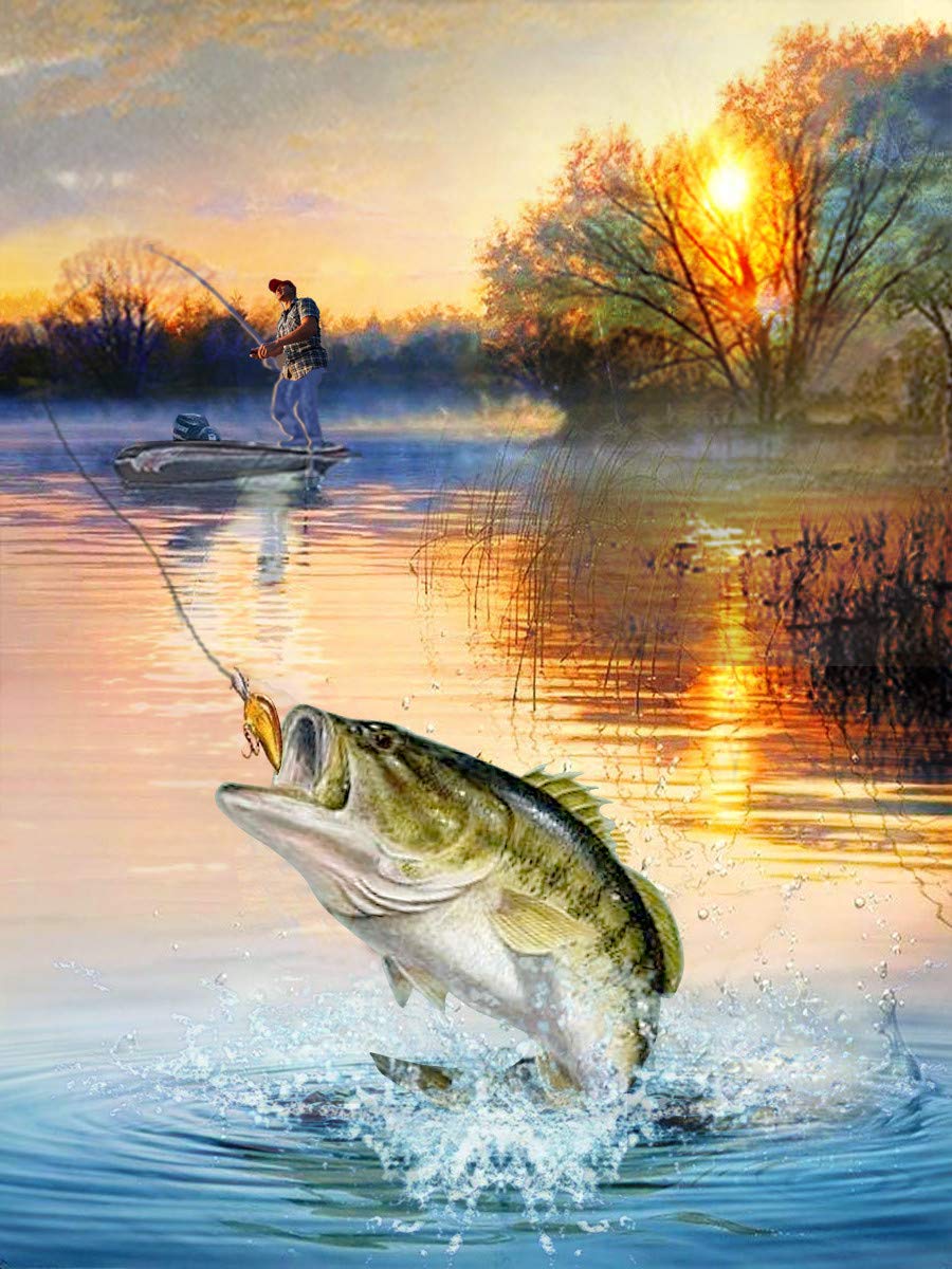 ASHUFAN 5D Fish Diamond Painting Kits for Adults Kids Art Full Drill Fisherman Fishing On The Lake DIY Cross Stitch Craft for Home Wall Decor 12X16 inch shufan