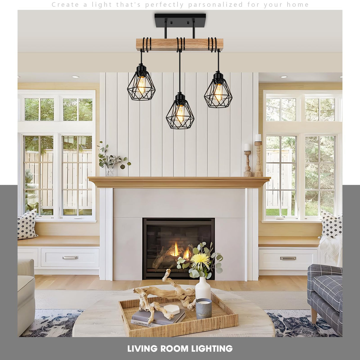 Feanron 3-Lights Farmhouse Dining Room Pendant Light Fixtures Over Table, Rustic Solid Wood Kitchen Island Lighting Hanging with Metal Shades, Modern Black Ceiling Pendant Lamp for Living Room Hallway Feanron