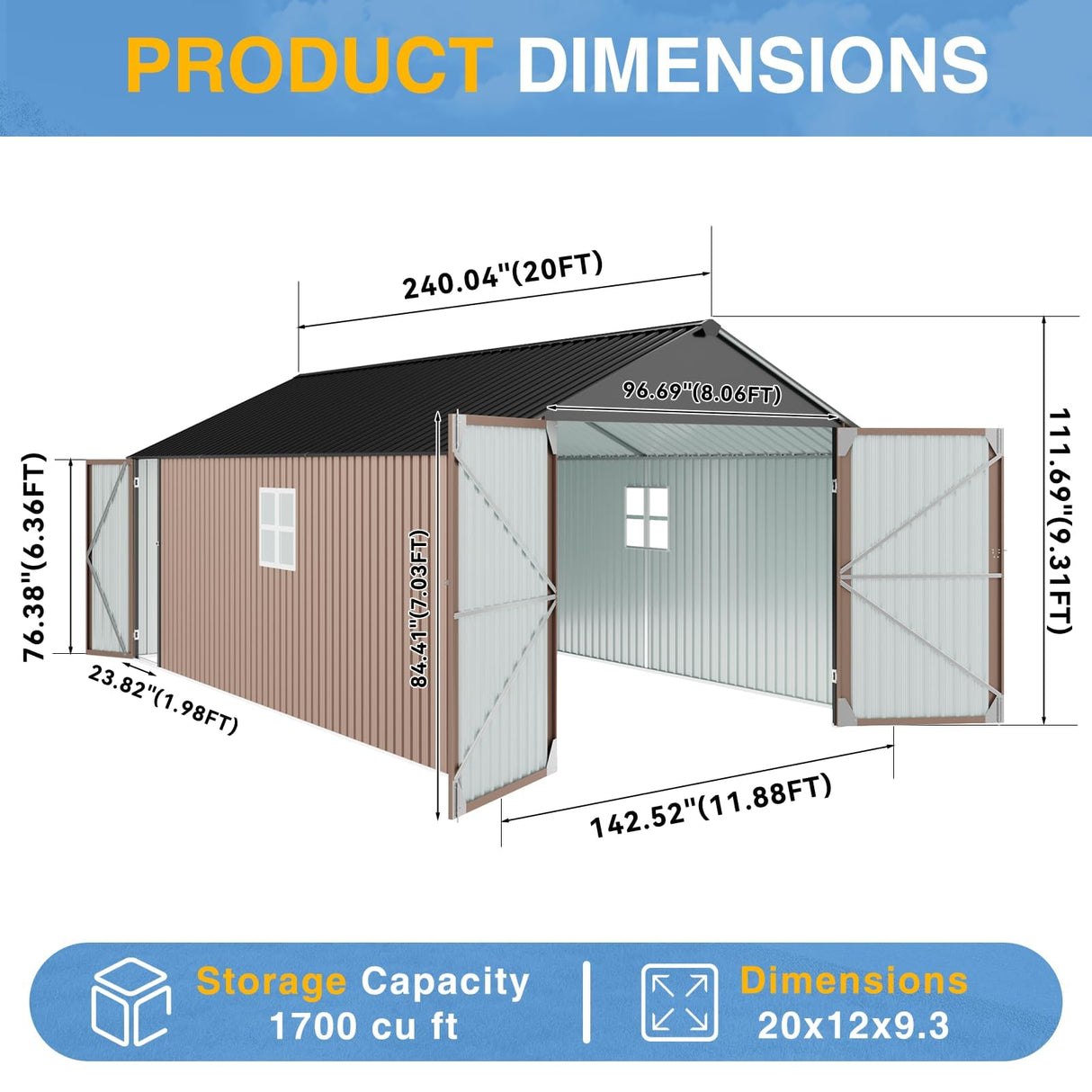 Breezestival 12x20ft Metal Carport Shed, Triple Door Outdoor Storage Building with Car Port Entry & Side Door, 700 cu ft Utility Shed with 11" Snow Load Capacity for Garden, Vehicle, Bike Storage Breezestival