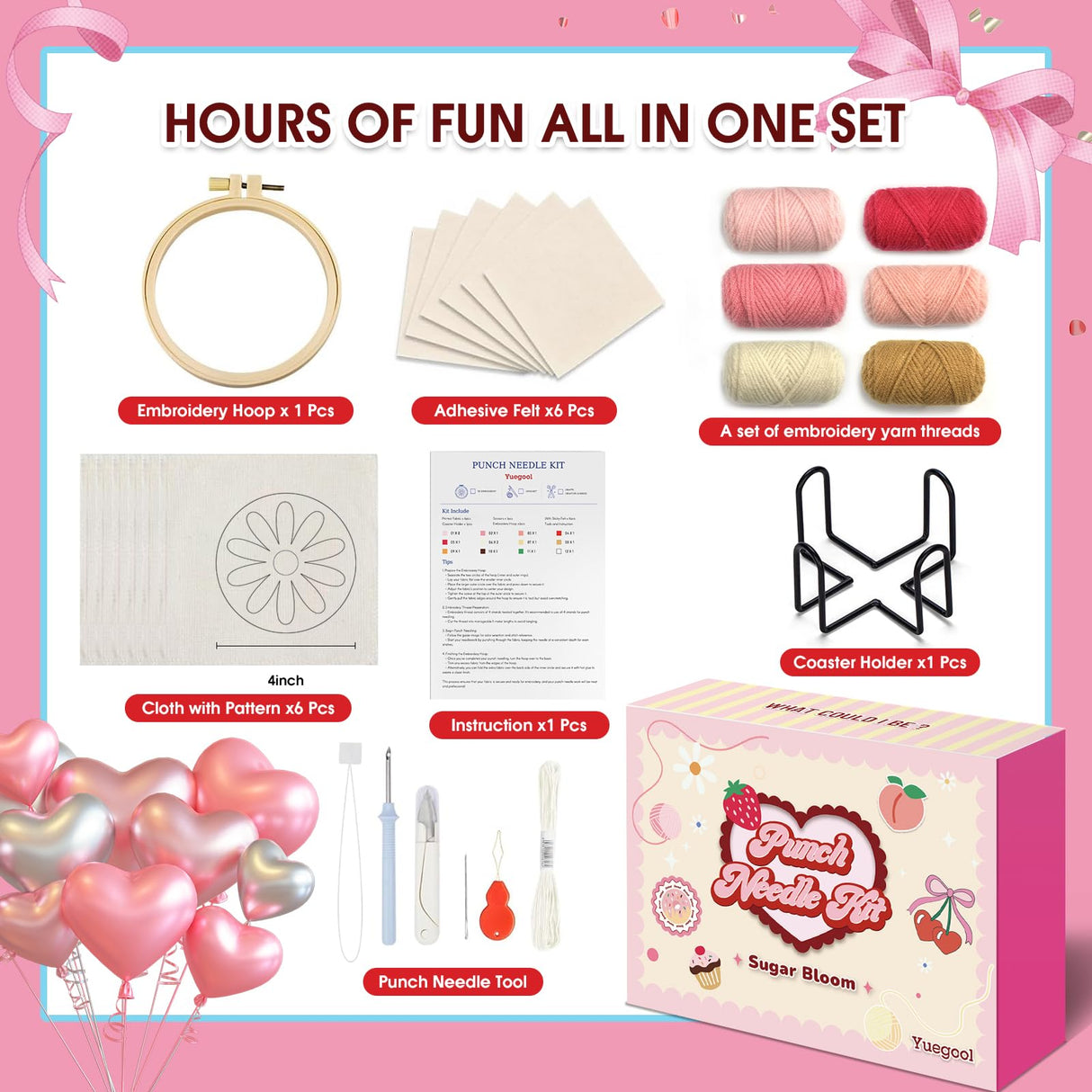 yuegool 6PCS Punch Needle Coaster Kit,Easy DIY Embroidery Set for Beginners, Kids & Adults with Patterns, Tools, Yarns, Hoop, Instructions & Coaster Holder yuegool