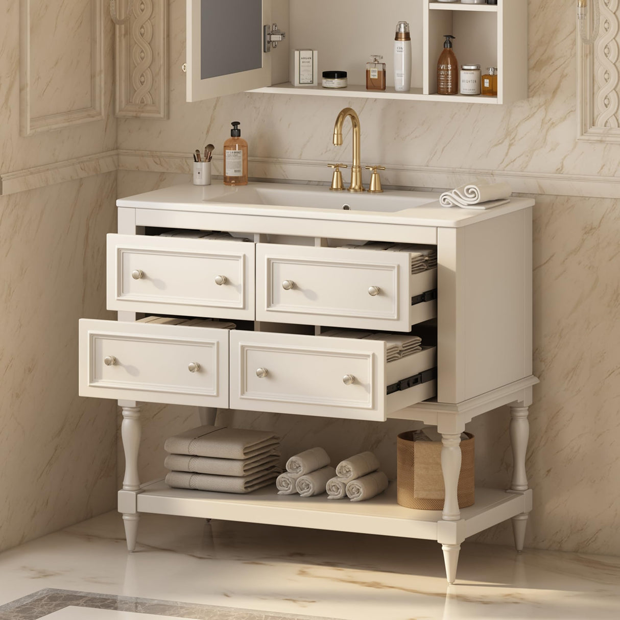 Merax Country 36" Bathroom Vanity with Sink, Farmhouse Bathroom Vanity Storage Cabinet with 4 Drawers and Open Shelf, Solid Wood Frame Bath Storage Vanity Merax