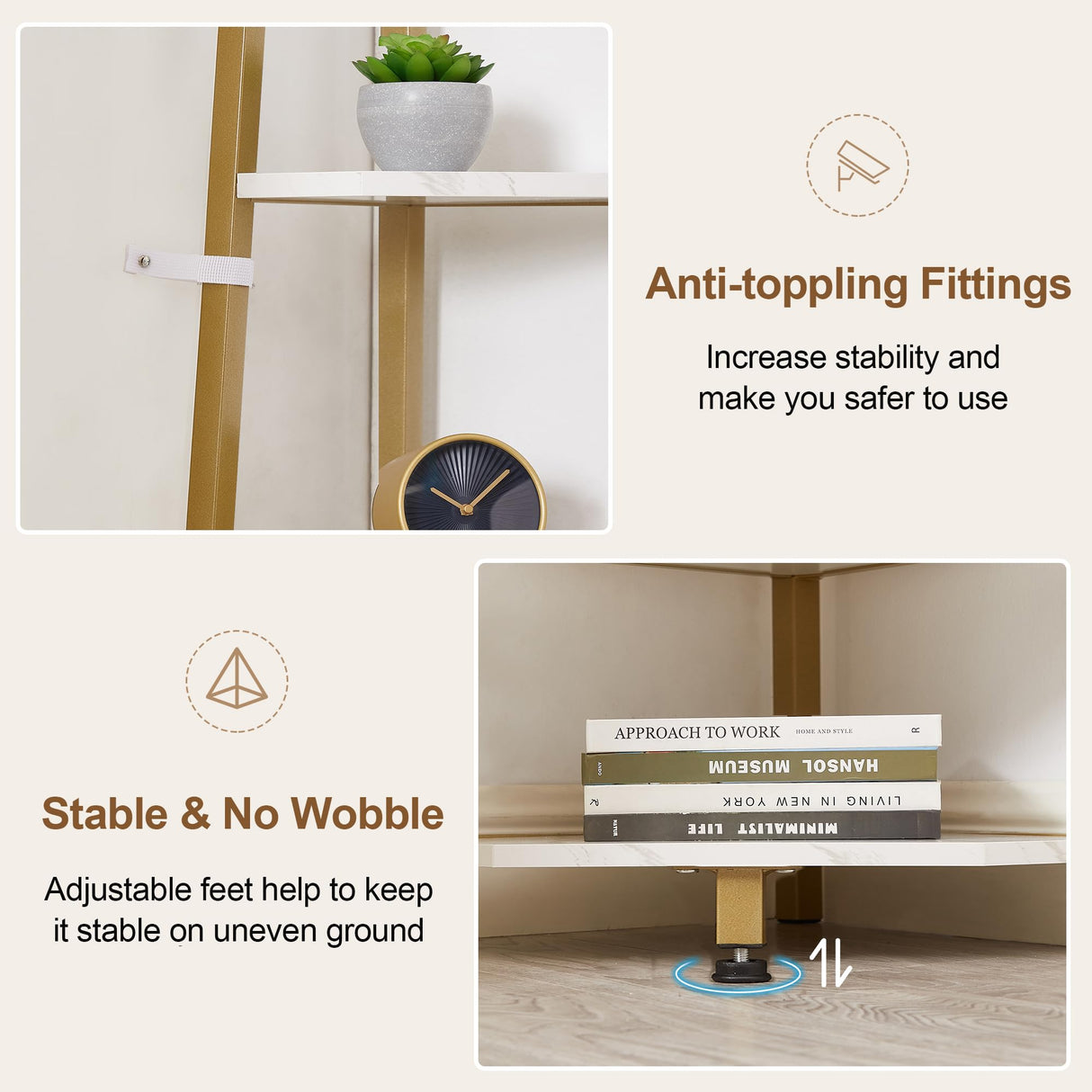 VECELO 6 Tier Corner Shelf 69 Inch Industrial Bookshelf with Metal Frame, Multipurpose Tall Plant Stand with Opening Display Shelves for Living Room, Bedroom, Home Office, Small Space, Gold VECELO