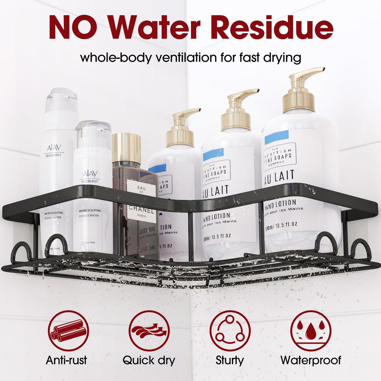 Sakugi Corner Shower Caddy - 2 Pack, Adhesive Shower Organizers, Rustproof Stainless Steel Shower Shelves with 8 Hooks, No Drilling Bathroom Organizers and Storage Racks, Space-Saving, Black,Medium Sakugi