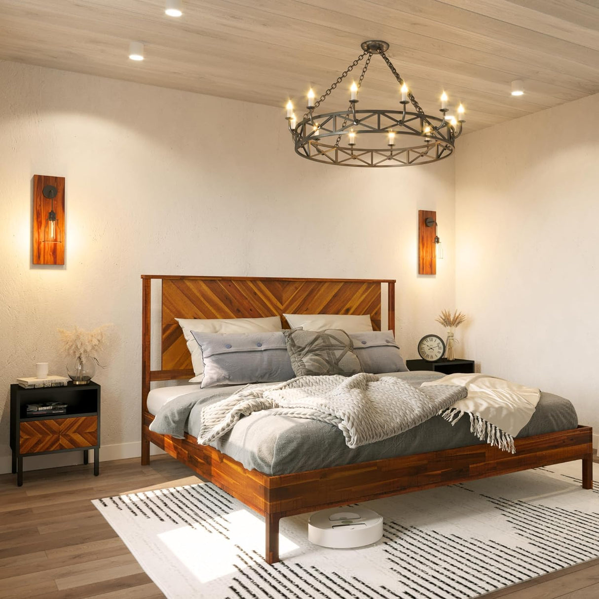 Bme Vivian 14 Inch Rustic Golden Brown Deluxe King Bed Frame with Herringbone Headboard Bme