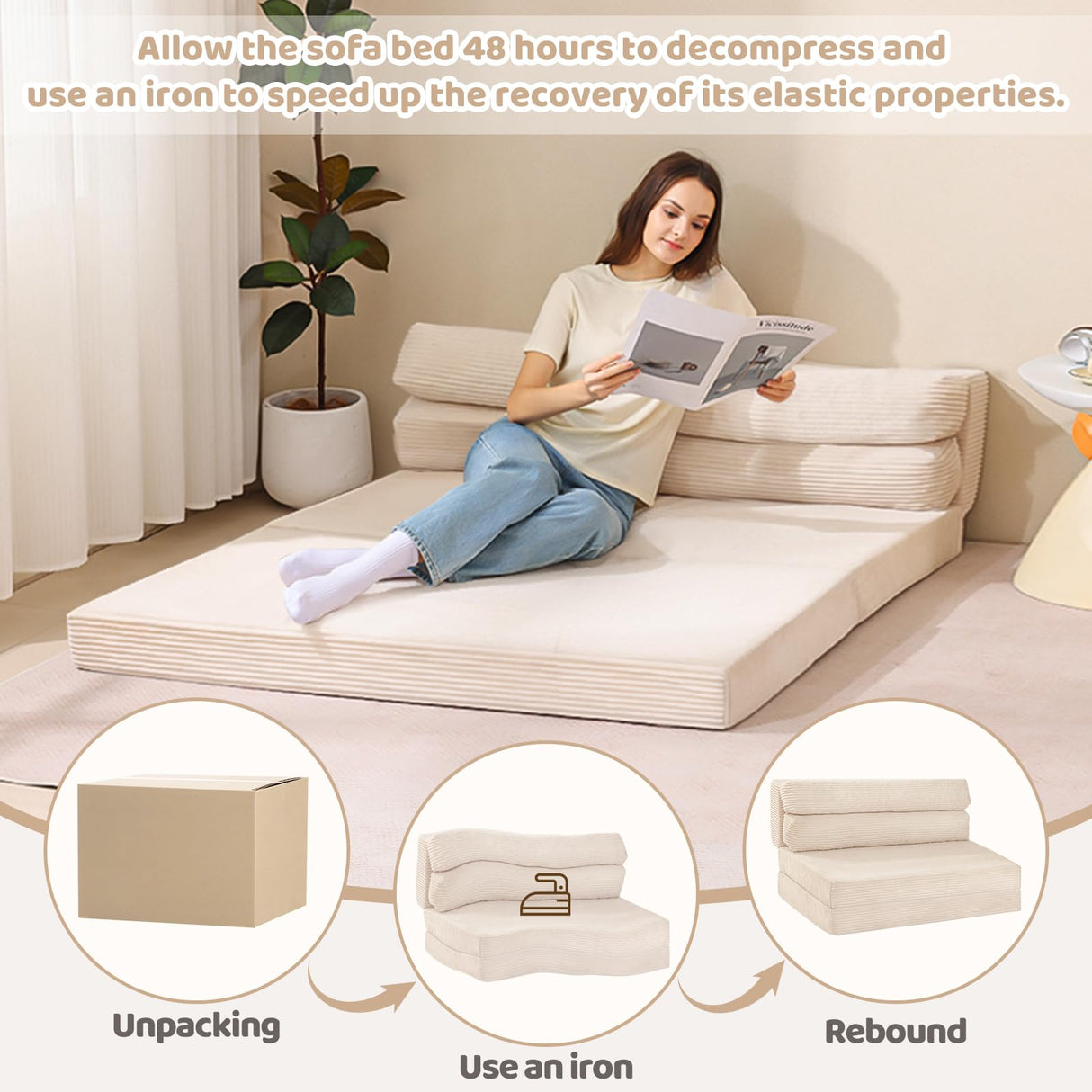 JUIKURY Folding Sofa Bed, Convertible Sleeper Chair with Pilow Foldable Matress, 2 in 1 Pull Out Loveseat Sofa Portable Fold Out Chair Bed Comfy Floor Couch Lounge for Living Room Bedroom,Beige,Twin JUIKURY