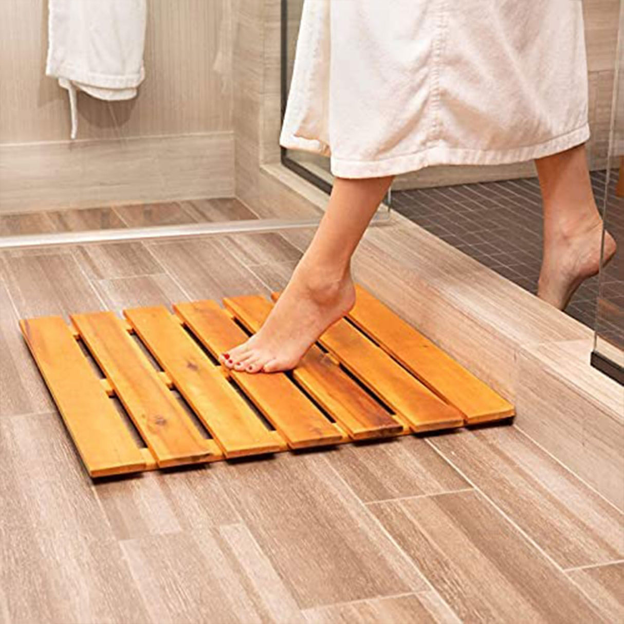 Villa Acacia Wooden Bath Mats -23 x 23 Inch Acacia Wood Indoor or Outdoor Shower Mats - Slated Platform Wood Shower Mat for Floor Thirteen Chefs