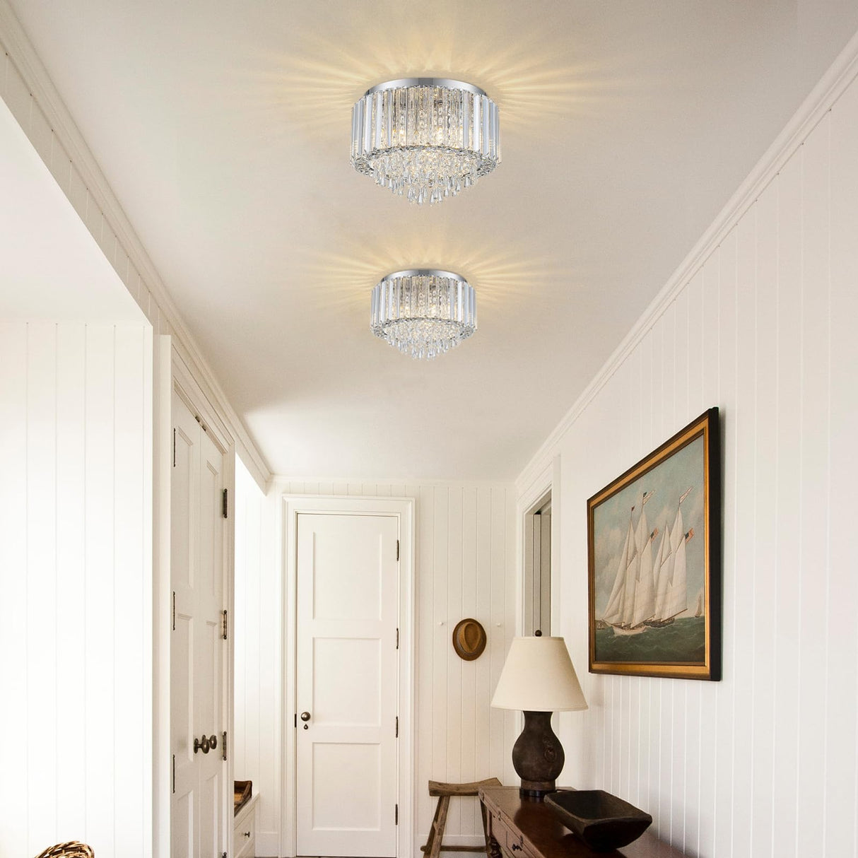 HOPGGIE 11.8 Inch Crystal Chandelier Modern Chandelier Light Mini Chandelier Semi Flush Mount Ceiling Light Fixture Small Chandelier for Bedroom Hallway Kitchen Foyer Closet (Chrome) HOPGGIE