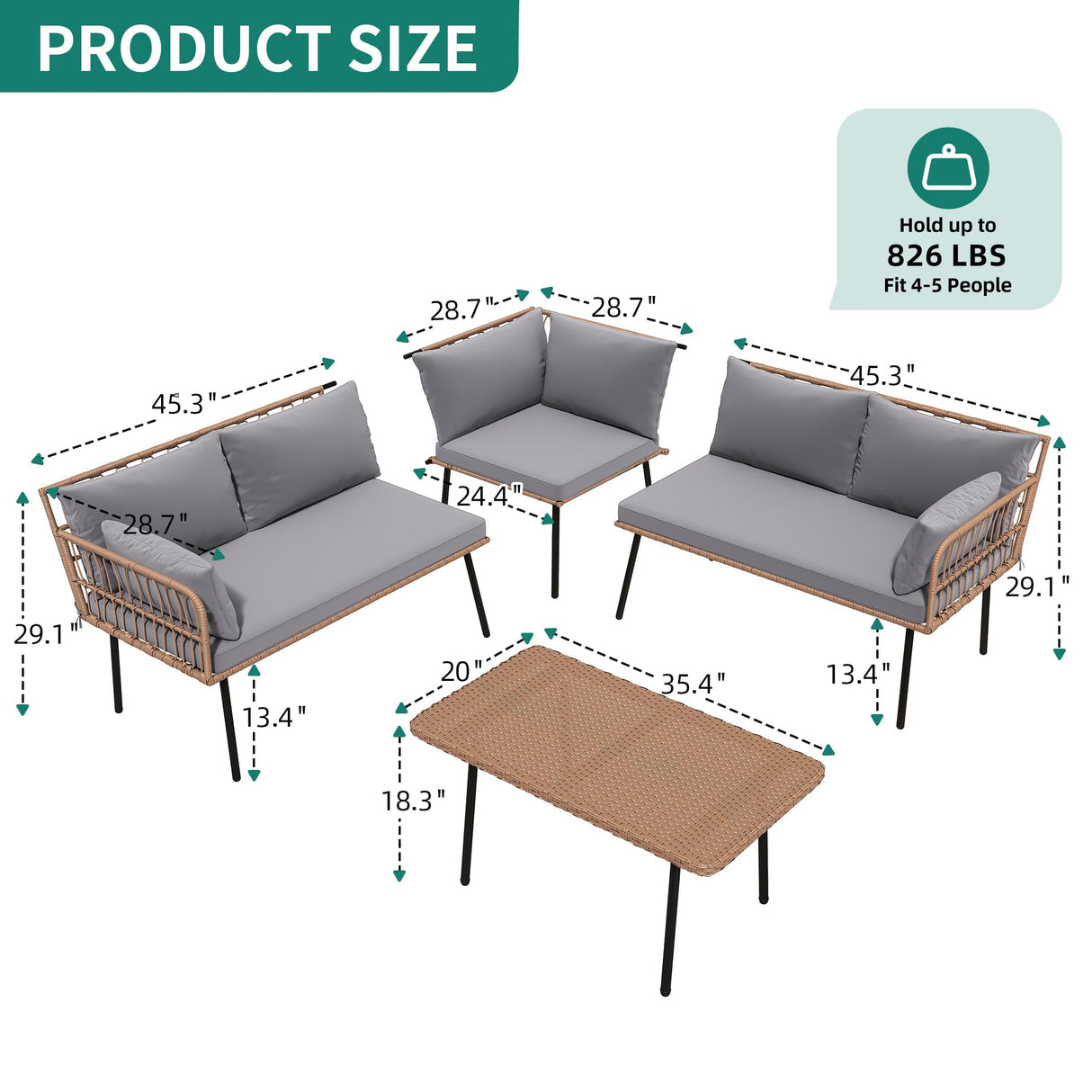 YITAHOME 4-Piece Wicker Patio Furniture Set, All Weather PE Rattan Conversation Set Sectional Sofa with Soft Cushions & Side Table, Porch Furniture for Deck, Balcony, Backyard - Grey YITAHOME