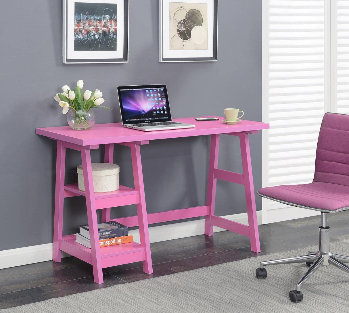 Convenience Concepts Designs2Go Trestle Desk with Shelves, 47", Pink Convenience Concepts