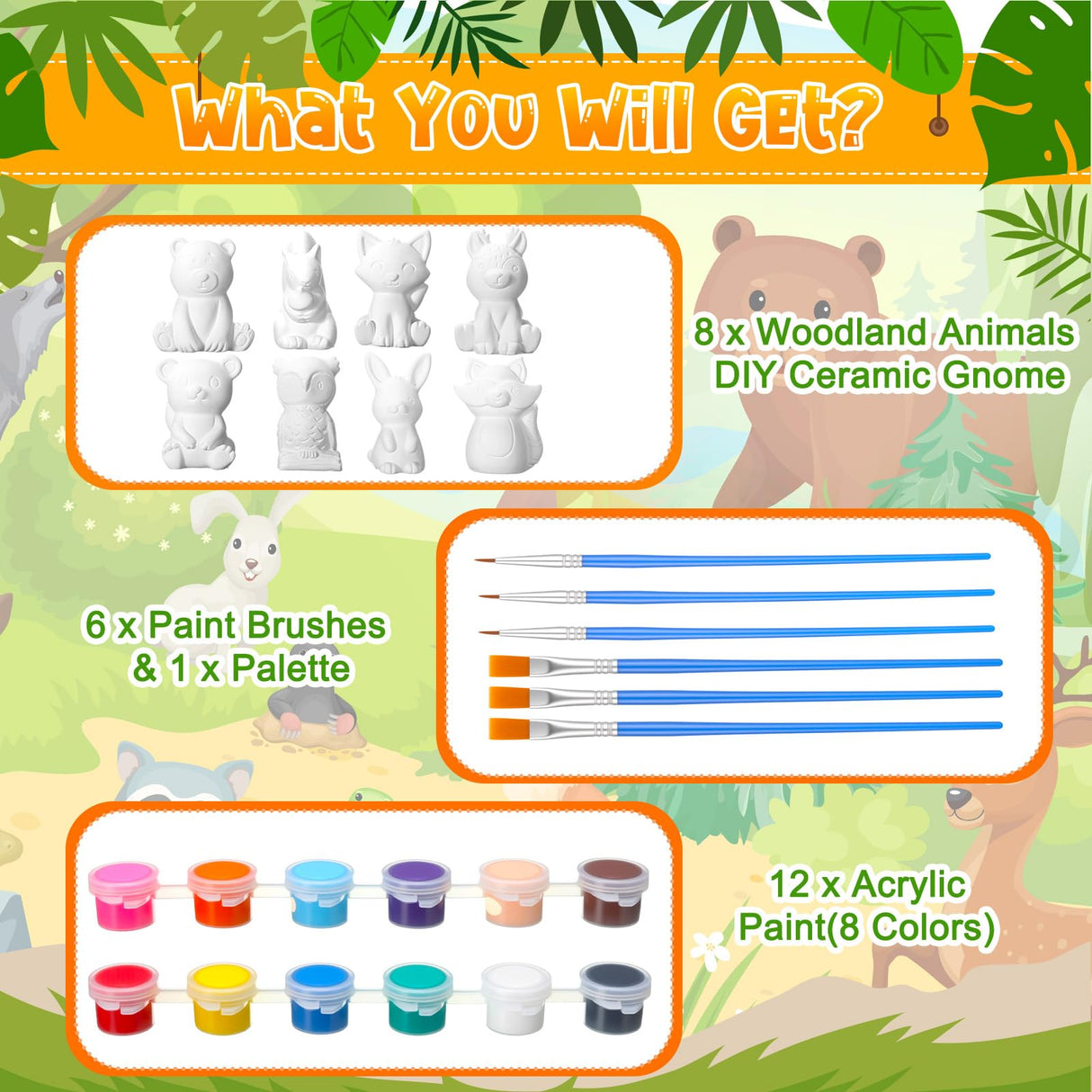 Reallnaive 8 Pack Woodland Animal Ceramics to Paint Ready to Your Own Gnome Statues 3.94" Jungle Theme Paintable Figurines DIY Unpainted Safari Animal Plaster Crafts Kit with Brush Palette Paint Reallnaive