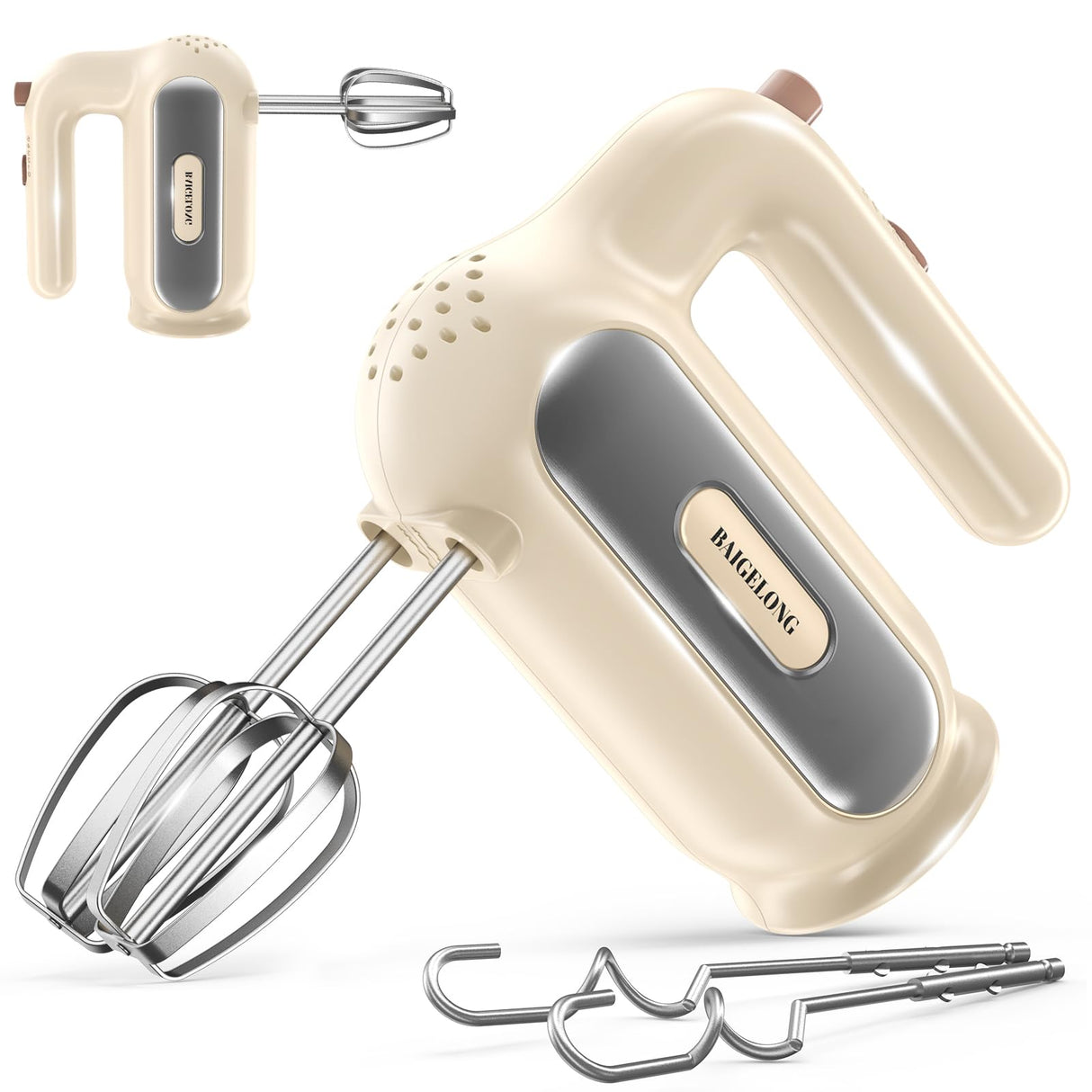 Hand Mixer Electric, 5-Speed Small Handheld Mixer, 2* (304 Dough Hooks & 304 Whisks) Food Mixer, Kitchen Mixer for Baking, Cream, Cookies, Dishwasher Safe BAIGELONG