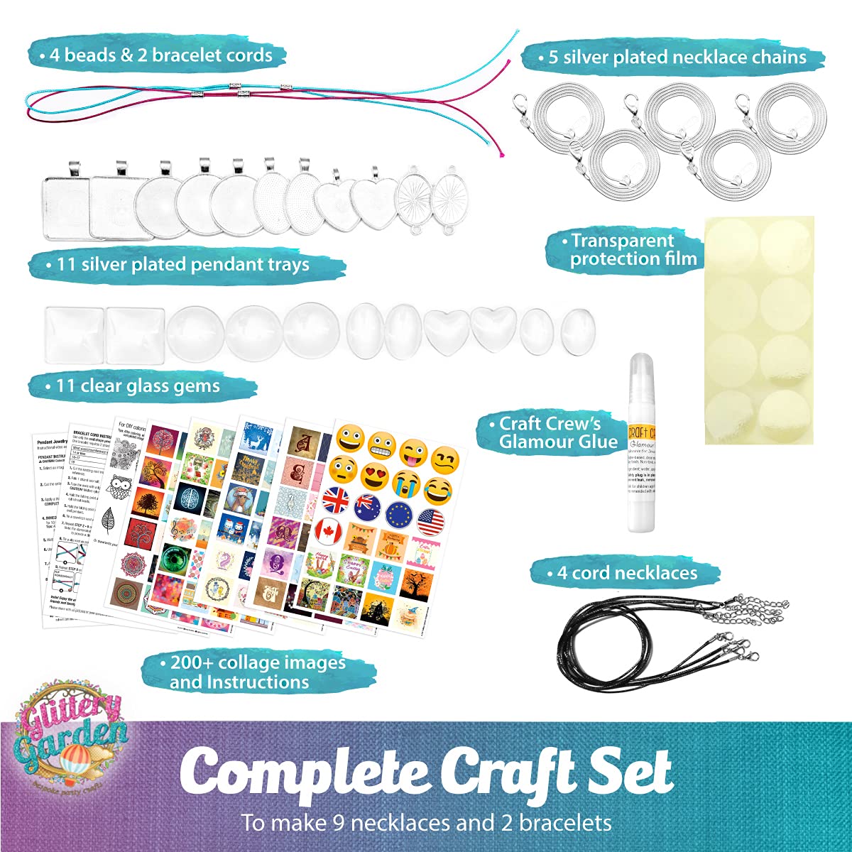 Girls Jewelry Making Kit. Best Necklace Pendant & Bracelet Crafting Set with Glass Beads & Charms. Fashion Accessories, Arts Crafts Supplies. Birthday Gift Glittery Garden