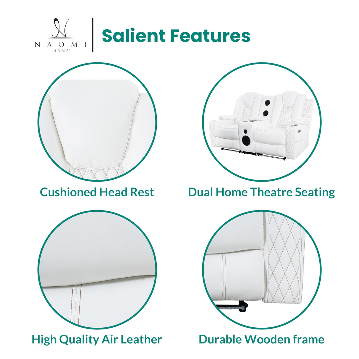 Naomi Home Chicago Power Loveseat Recliner Sofa & Home Theater Seating with Wireless Charging Electric Recliner RV Sofa with USB/Cup Holders/Storage/LED Light/Speaker, White/Air Leather Naomi Home