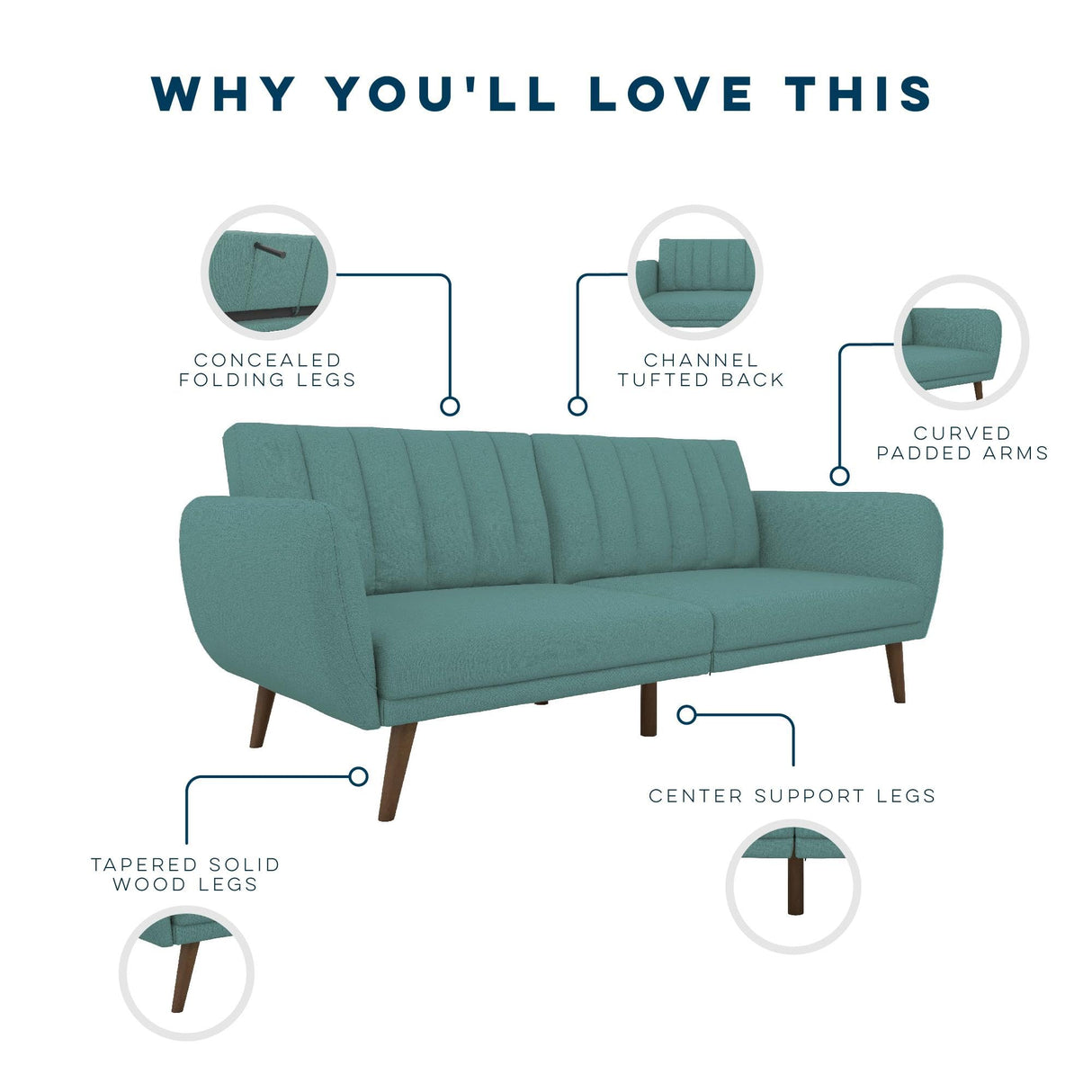Novogratz Brittany 82 Inch Futon Sofa Bed, Upholstered Couch Sleeper with Tufted Back, Mid-Century Modern, Teal Novogratz