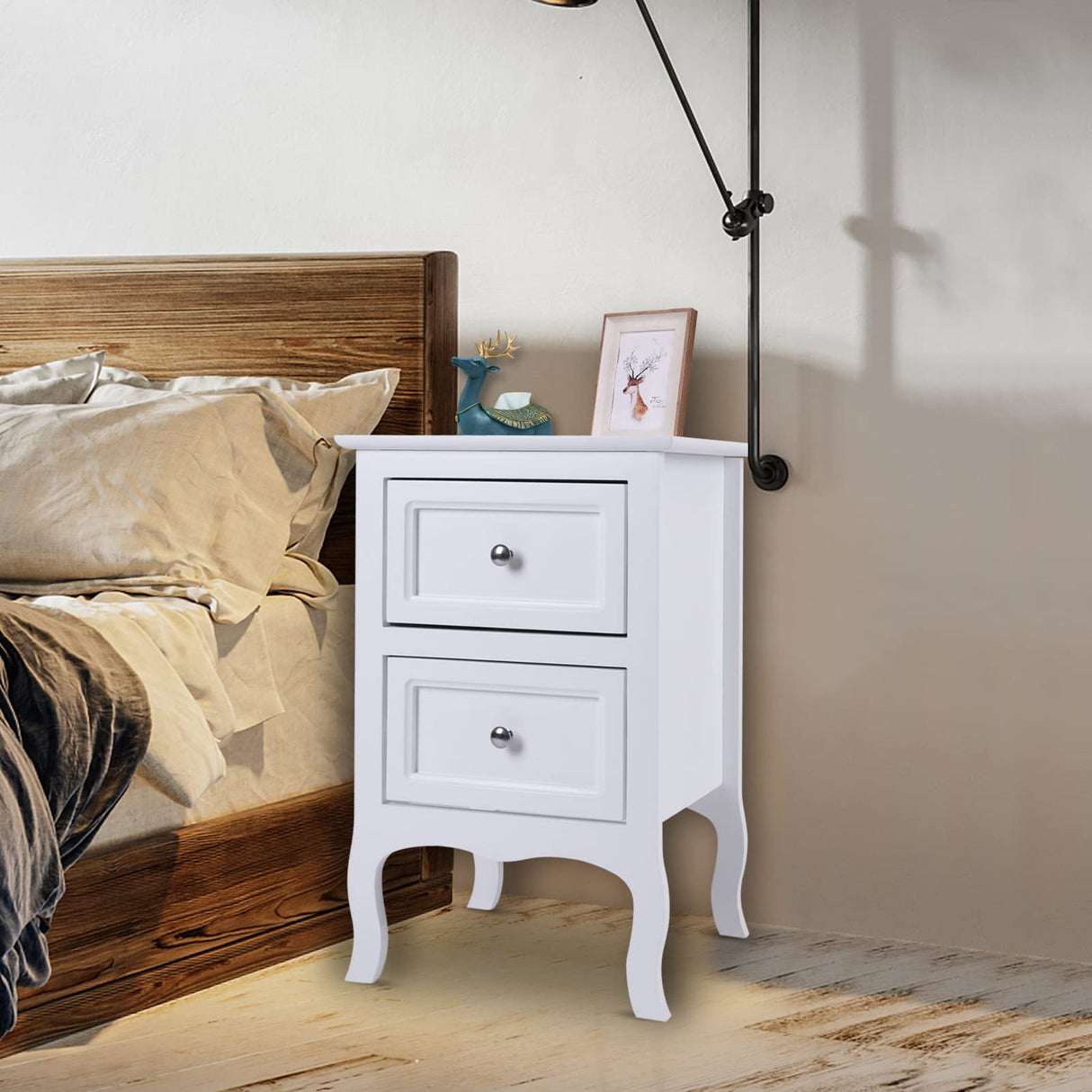 Karl home White Nightstand Set of 2. Farmhouse End Side Table Set of 2 Bedside Nightstands Chest with Drawers Small Night Stand with 2 Drawer and Solid Wood Legs for Bedroom, Living Room Karl home