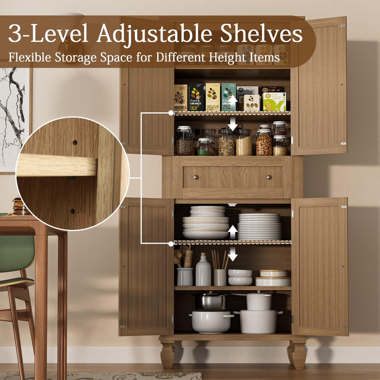 Yeyawomy 72 inch Kitchen Pantry Storage Cabinet, Freestanding Pantry Cabinet, Tall Cabinets with Doors and Shelves,Freestanding Cupboard with Adjustable Shelves for Dining Room, Natural Yeyawomy