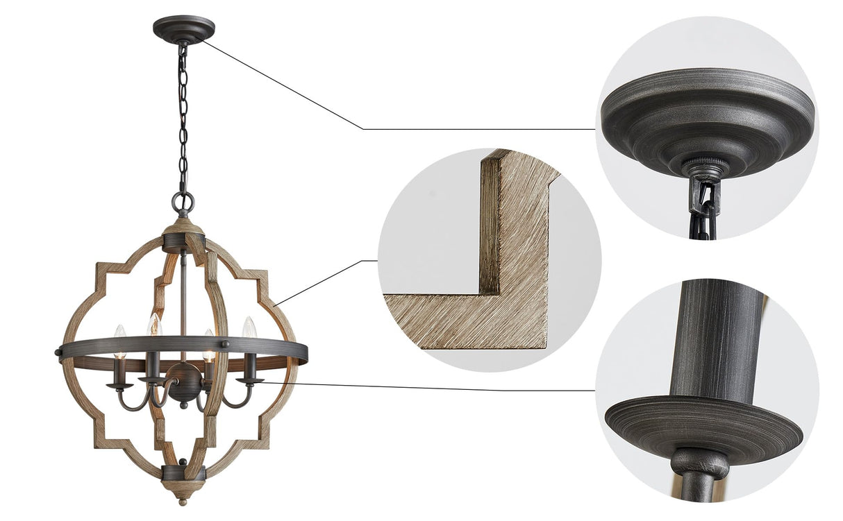 Saint Mossi 4-Lights Farmhouse Chandelier for Dining Room, Rustic Globe Black Chandeliers for Dinging Room, Orb Drum Chandeliers Light Fixtures, H22 x D20, Wood Grain Metal Frame SM Saint Mossi