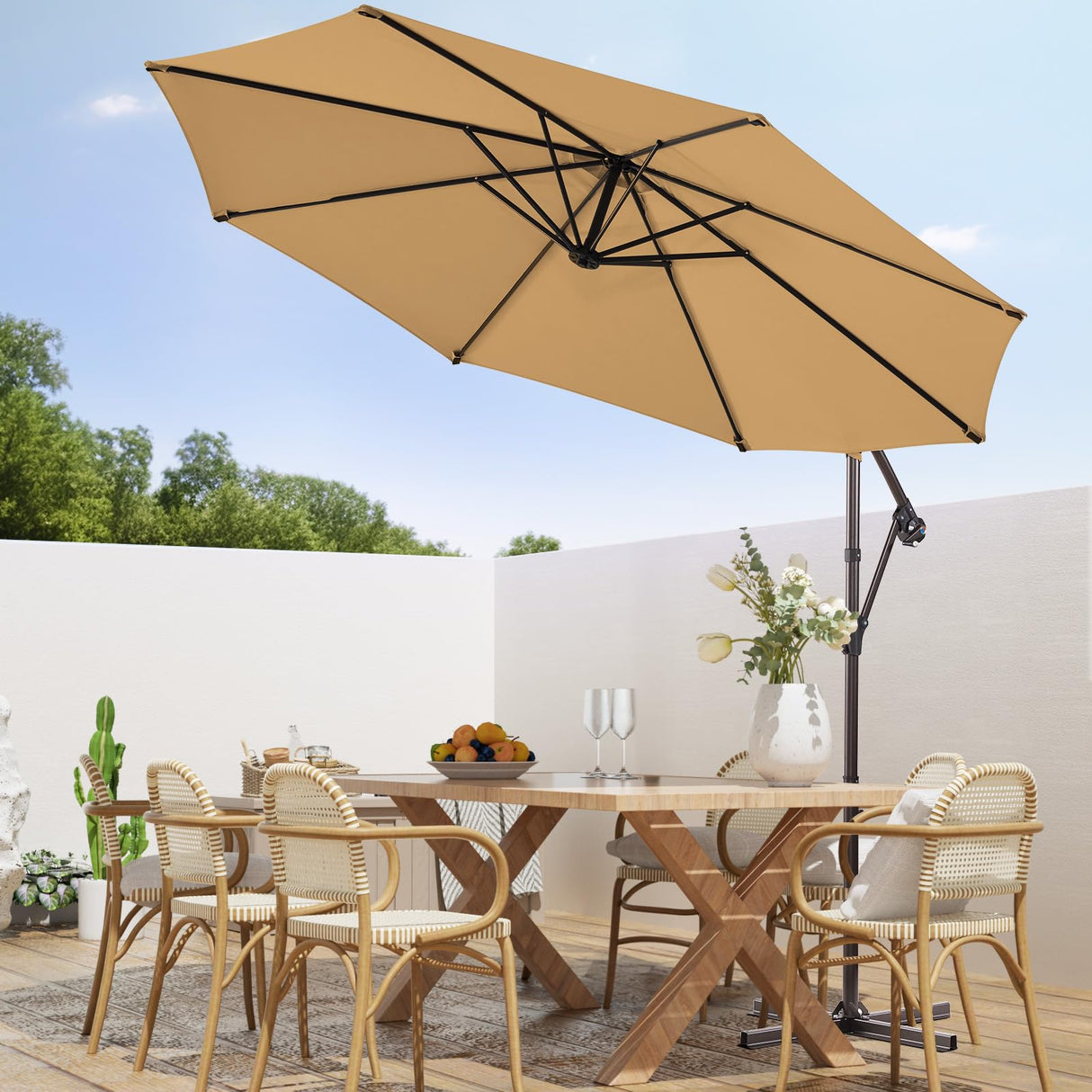 wikiwiki 10ft Patio Umbrellas Offset Outdoor Umbrella Cantilever Hanging Umbrellas w/Infinite Tilt, Fade Resistant Waterproof RECYCLED FABRIC Canopy & Cross Base, for Yard, Garden & Deck, Tan wikiwiki