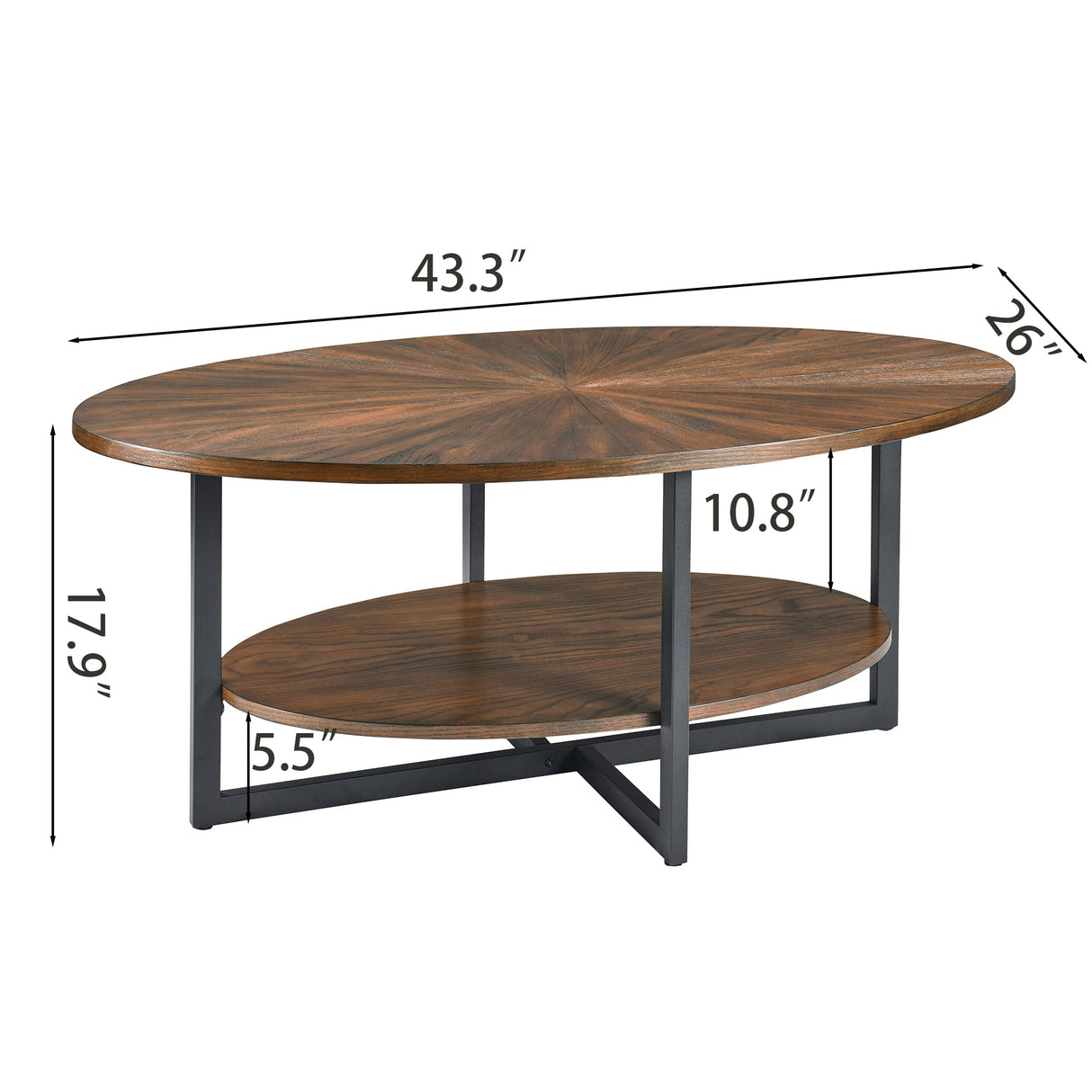 JESONVID Solid Wood Oval Coffee Table with Cross Metal Legs, 43.3in Modern Industrail Center Table with Open Shelf Cocktail Tea Table for Living Room Bedroom, Rustic Brown 1811NC JESONVID