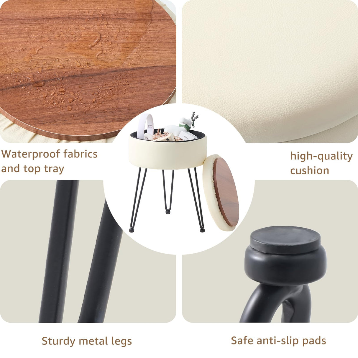 Wimarsbon Round Storage Ottoman Foot Stool Modern Faux Leather Vanity Stool with Solid Wood Frame&Metal Legs,Compact Footstool Dressing Stool Footrest for Living Room Bedroom or Entryway (White) Wimarsbon