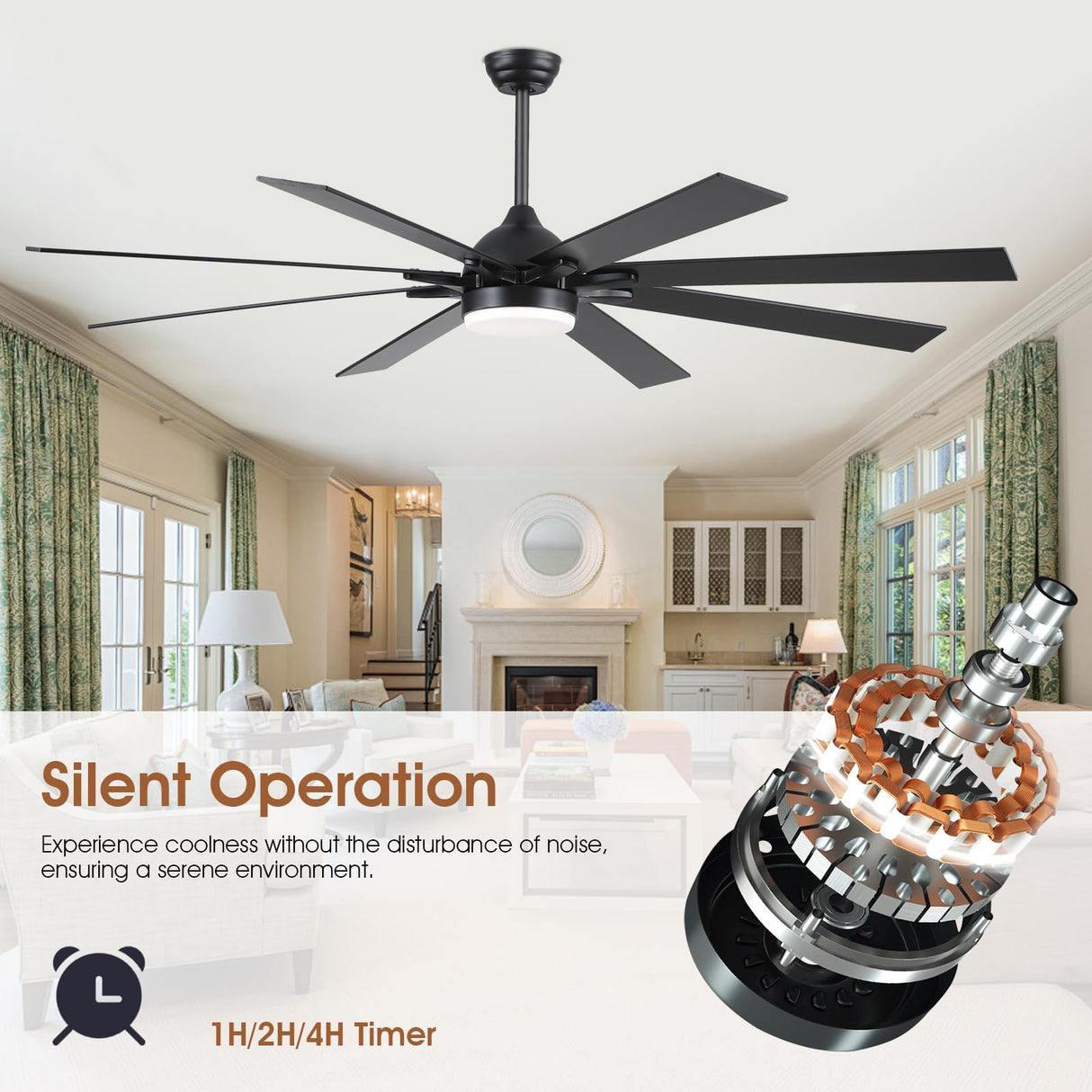 Kviflon 72 Inch Large Ceiling Fans with Lights and Remote, Indoor/Outdoor Black Modern Industrial Ceiling Fan with Light for Living Room Patios Porch, Reversible Quiet Motor, 8 Dual Finish Blades Kviflon