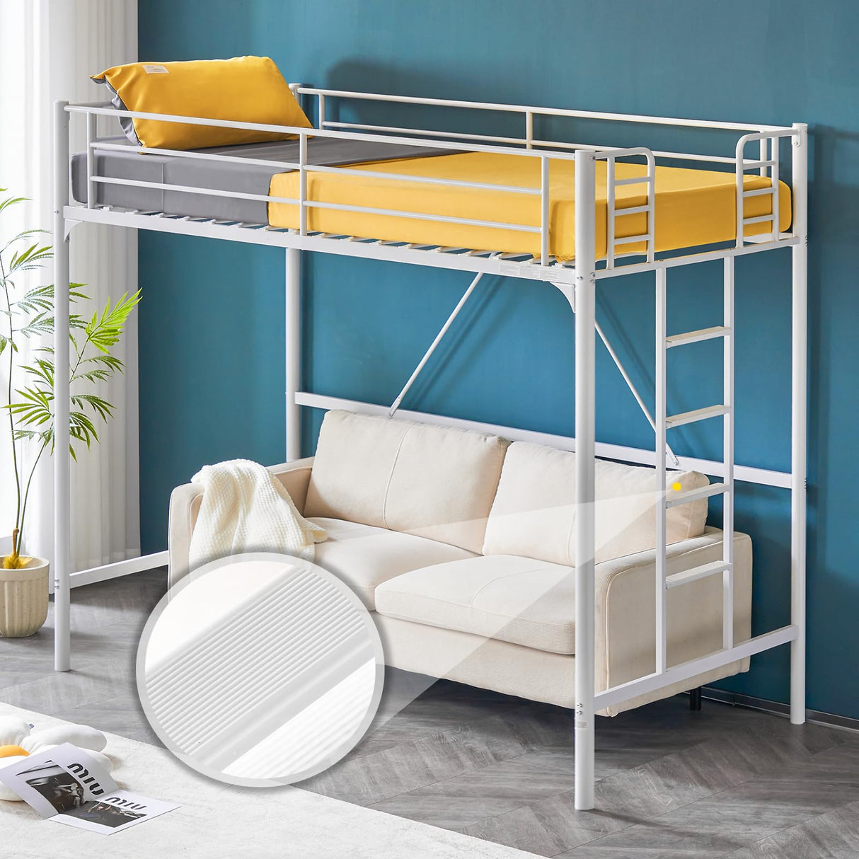 VINGLI Loft Bed Twin for Kids Loft Bunk Bed Frame with Stairs/Flat Ladder Rung,Metal Single Loft for Adults, No Box Spring Required, White VINGLI