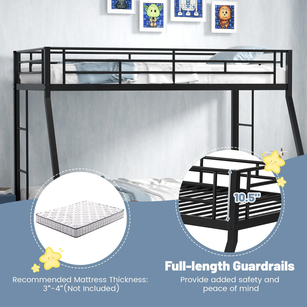 KOMFOTT Twin Over Full Bunk Bed with Trundle, Heavy-Duty Metal Bunk Bed Frame with Guardrail & 2 Ladders, Space-Saving Bunk Bed for Kids/Teens/Adults, No Box Spring Needed KOMFOTT