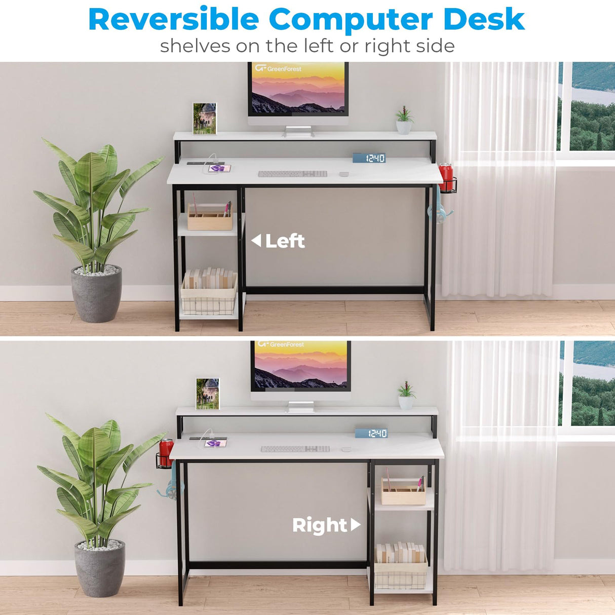 GreenForest 40 inch Home Office Desk with Power Outlets, Small Computer Desk with Ergonomic Monitor Stand, Reversible Gaming Desk, Modern Study Desk, Laptop Desk, White GreenForest