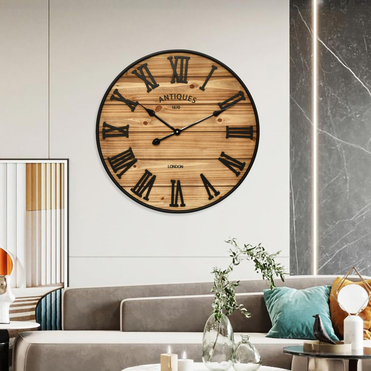 24 Inch Farmhouse Wall Clock - Antique Rustic Wood Finish, Silent Battery-Operated Timepiece with Stylish Decor for Home, Office, Kitchen, Bedroom & Living Room EMAX HOME