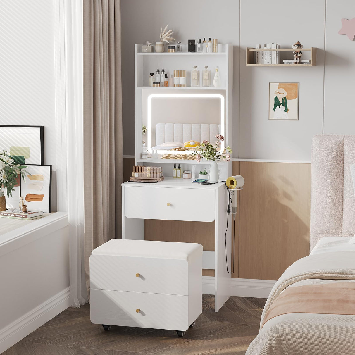 Vabches Make Up Vanity Desk with Mirror and Lights, White Vanity Table Set with Charger Station,Girls Small Vanity and Storage Chair Vabches