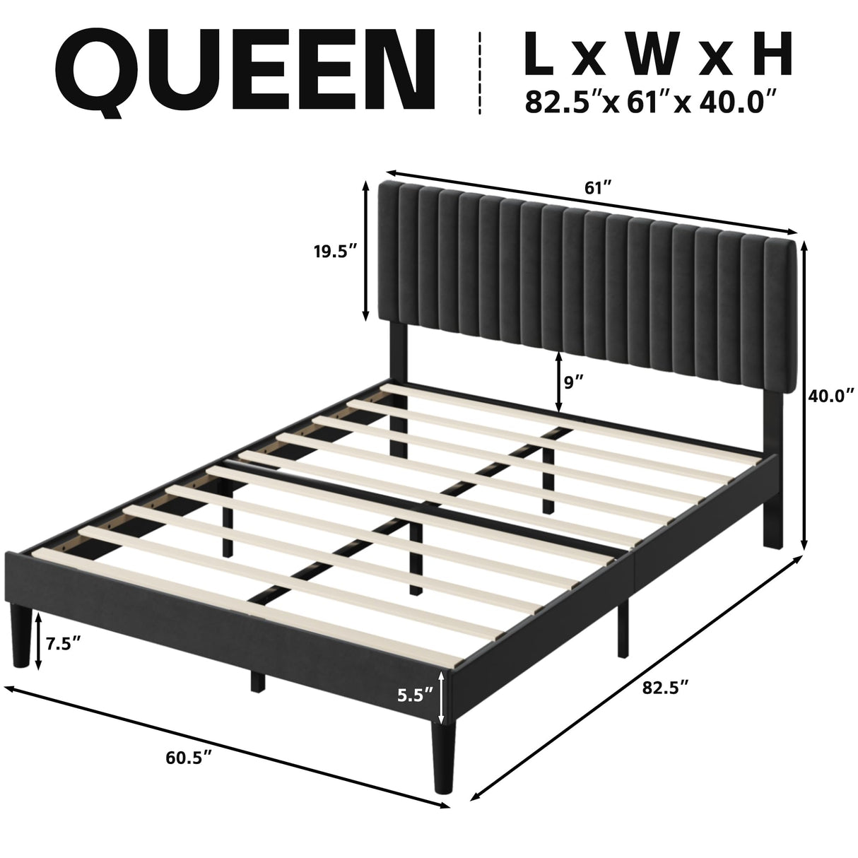 Fluest Queen Bed Frame with Adjustable Headboard, Upholstered Velvet Bed Frame, Platform Bed Frame, Under-Bed Storage, No Box Spring Needed, Easy Assembly, Black Fluest