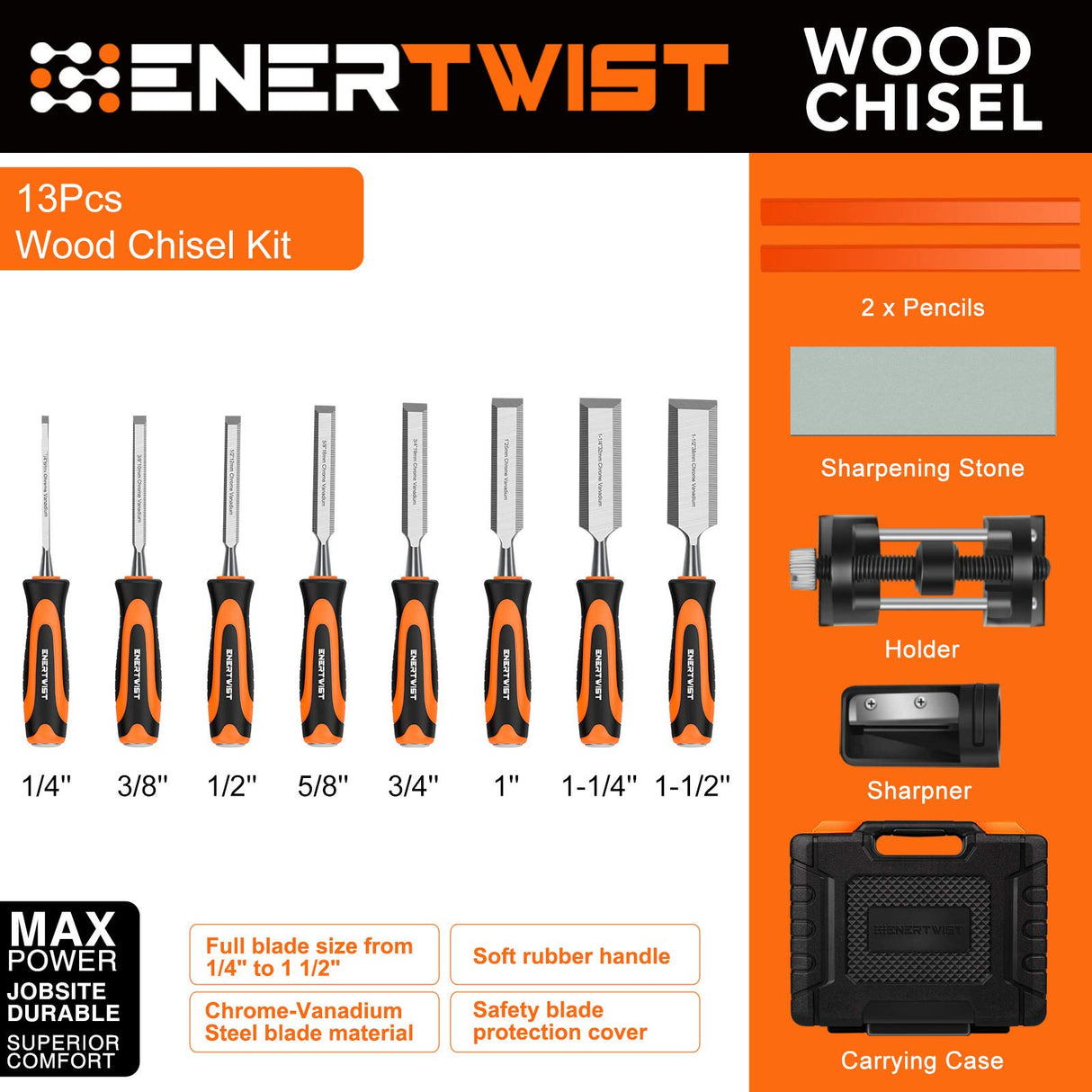 ENERTWIST 13pcs Wood Chisel Set, Premium Woodworking Chisel Sets w/ 8 CRV Construction Wood Chisels, 1 Sharpening Stone, 1 Honing Guide, 2 Carpenter Pencils, 1 Sharpener for Wood Carving in Hard Case ENERTWIST