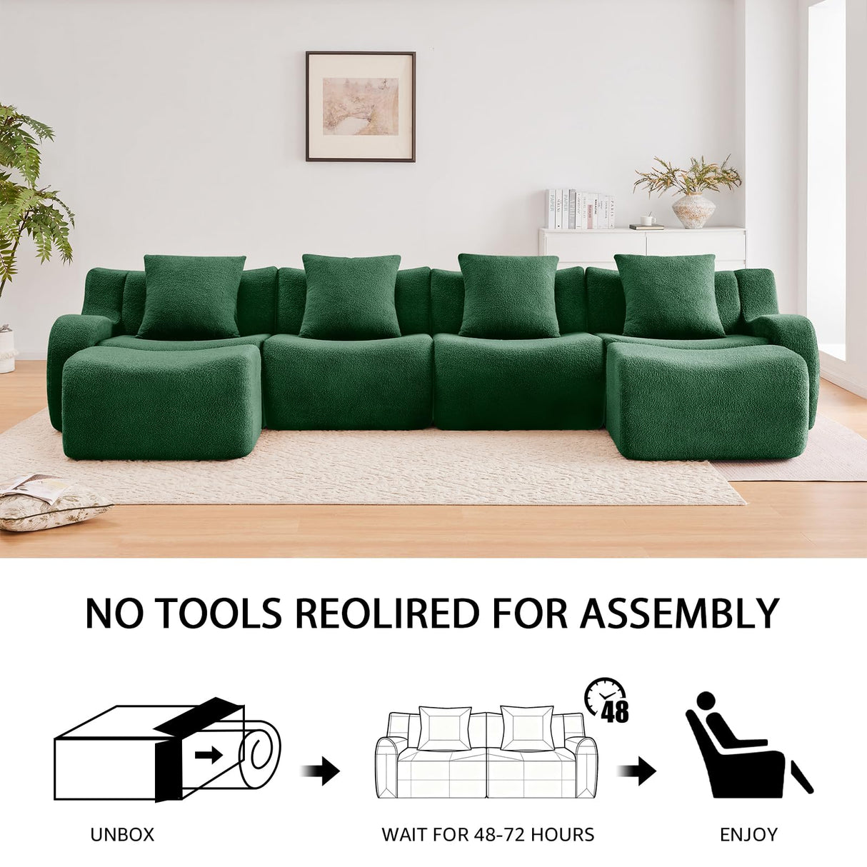 Green Modular Cloud Couch Loveseat with 1 Ottoman, Teddy Fabric Boneless Sectional Sofa in a Box, Comfortable Floor Sofa for Living Room, No Assembly Required, Sofas para Sala ODUSE-DAILY