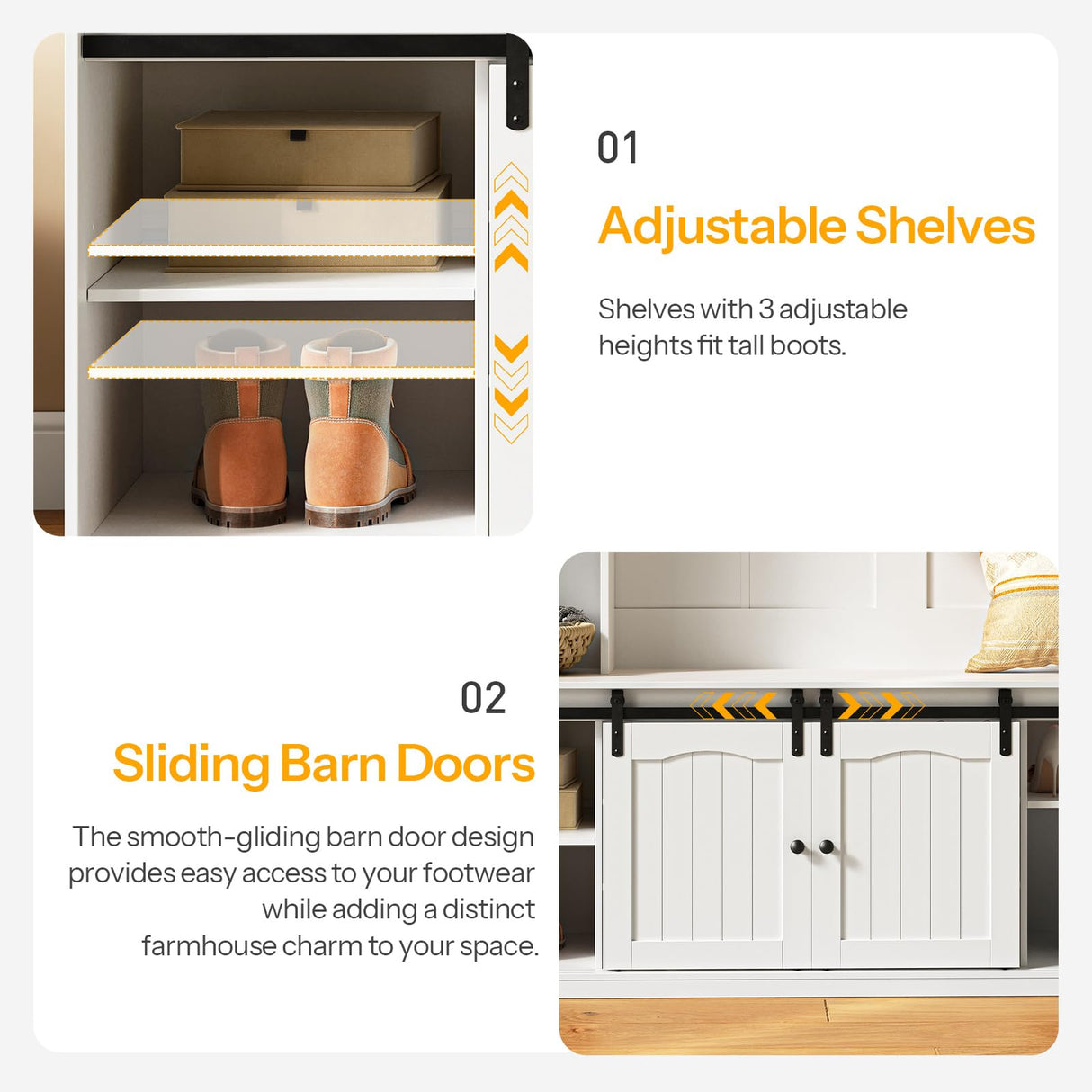 HOOBRO Hall Tree with Bench, 59" Entryway Bench with Coat Rack and Shoe Cabinet, LED Farmhouse Hall Tree with Shoe Storage, 13 Shoe Cubbies and Barn Doors, Wooden, Mud Room, White WT190DMT01 HOOBRO