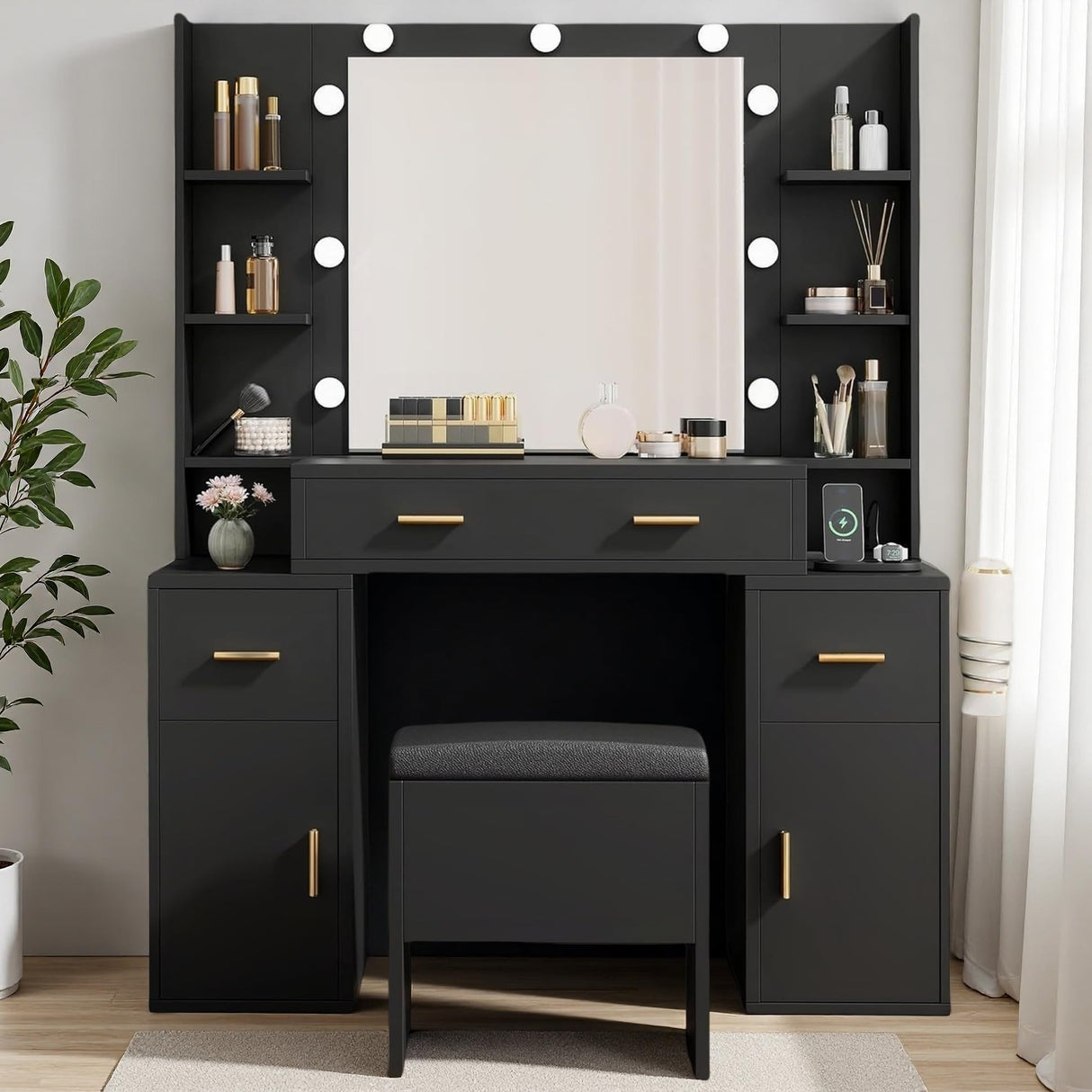 DWVO Vanity Desk with Large Mirror and LED Lights, Makeup Vanity Table Set with Power Outlets, Comfy Stool & Storage Drawers, Shelves and Cabinets, 3 Lighting Modes Makeup Table, Dressing Room, Black DWVO