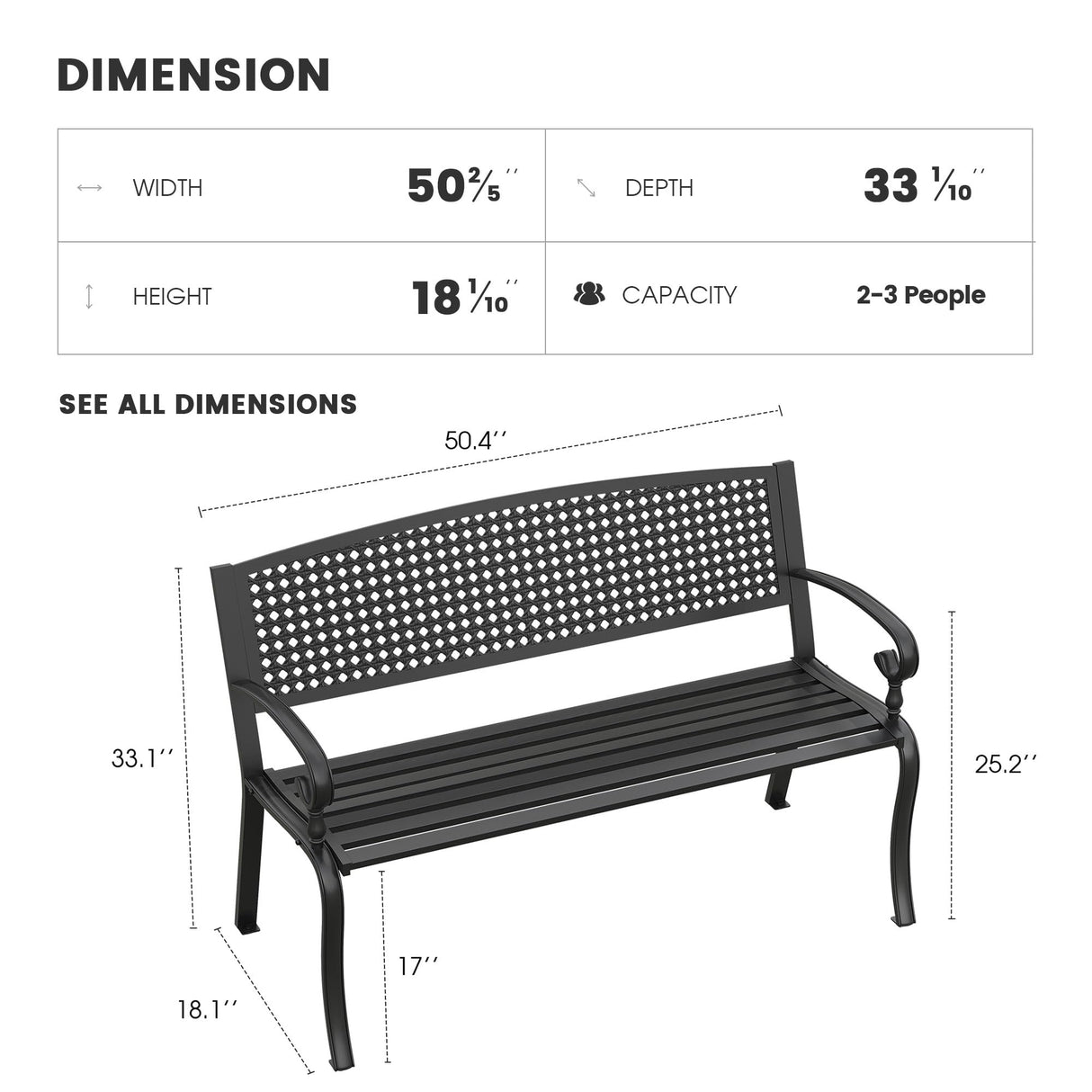 VOXBIN Outdoor Bench, 50 inches Metal Garden Bench, Cast Iron Steel Frame Patio Chairs w/Twist Circle Pattern Backrest for Park, Yard, Porch, Lawn, Balcony, Backyard, Black VOXBIN