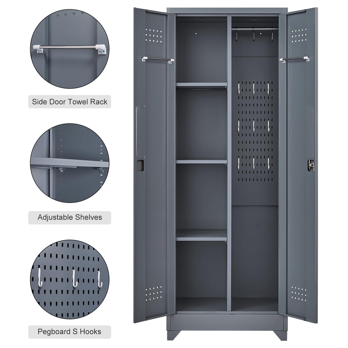 IRONFFICE Broom Storage Cabinet,65" H Utility Closet with Pegboard,Cleaning Cabinet with Locking for Laundry Room,Grey IRONFFICE