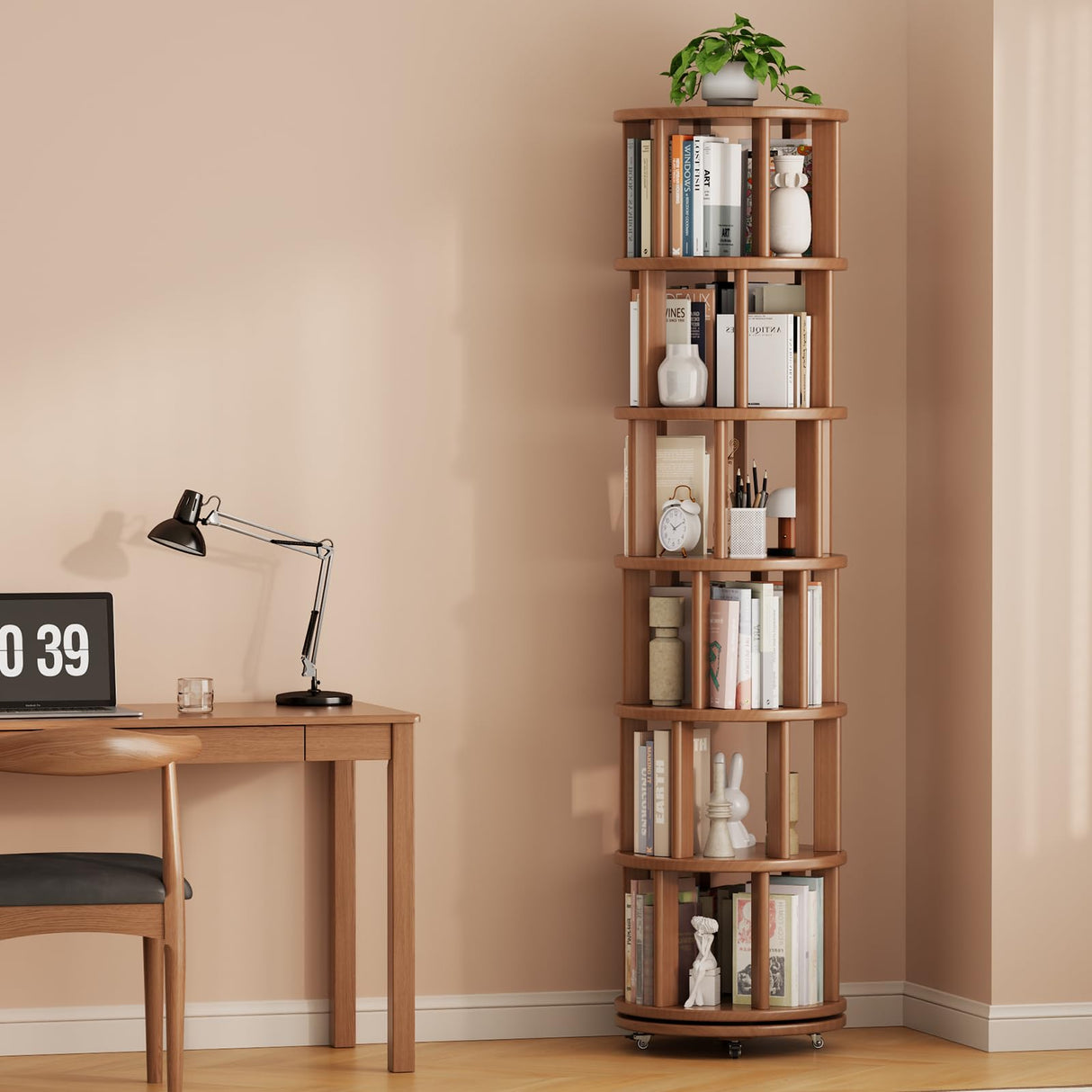 Muwuele Solid Wood Rotating Bookshelf on Wheels, 6 Tier, Round Revolving Bookcase, 360° Spinning Book Shelf Tower for Kids, Narrow Rolling Bookshelves for Small Space, Corner, Bedroom, Office, Walnut Muwuele