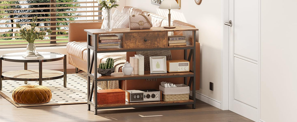 Mexin 39 Inch Console Sofa Table with Drawer, Entryway Table with Storage Shelves, Industrial Wood Hallway Table for Living Room Couch Foyer Kitchen Counter, Rustic Brown Mexin